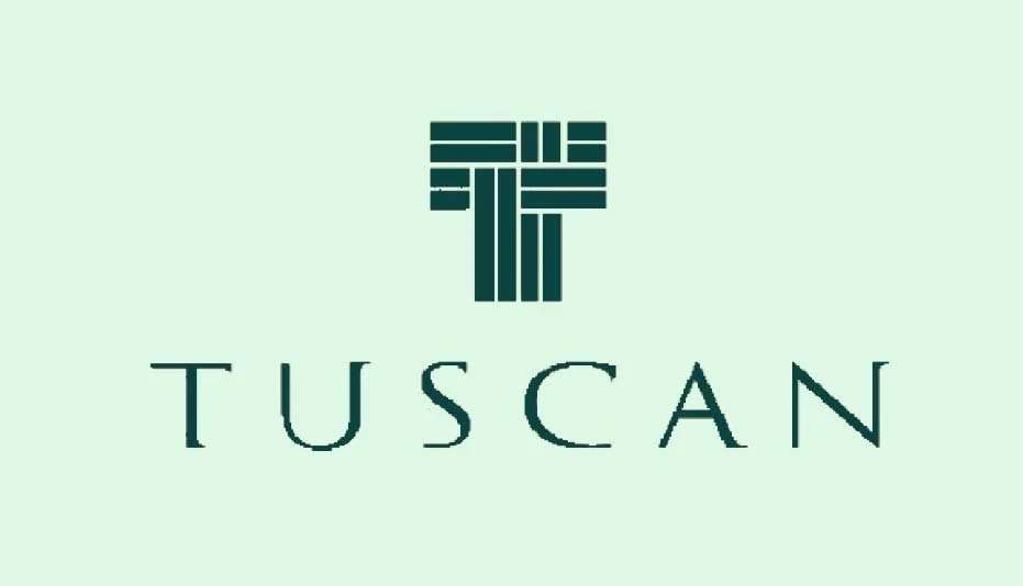 Logo with geometric design above the word "TUSCAN" on a light green background.
