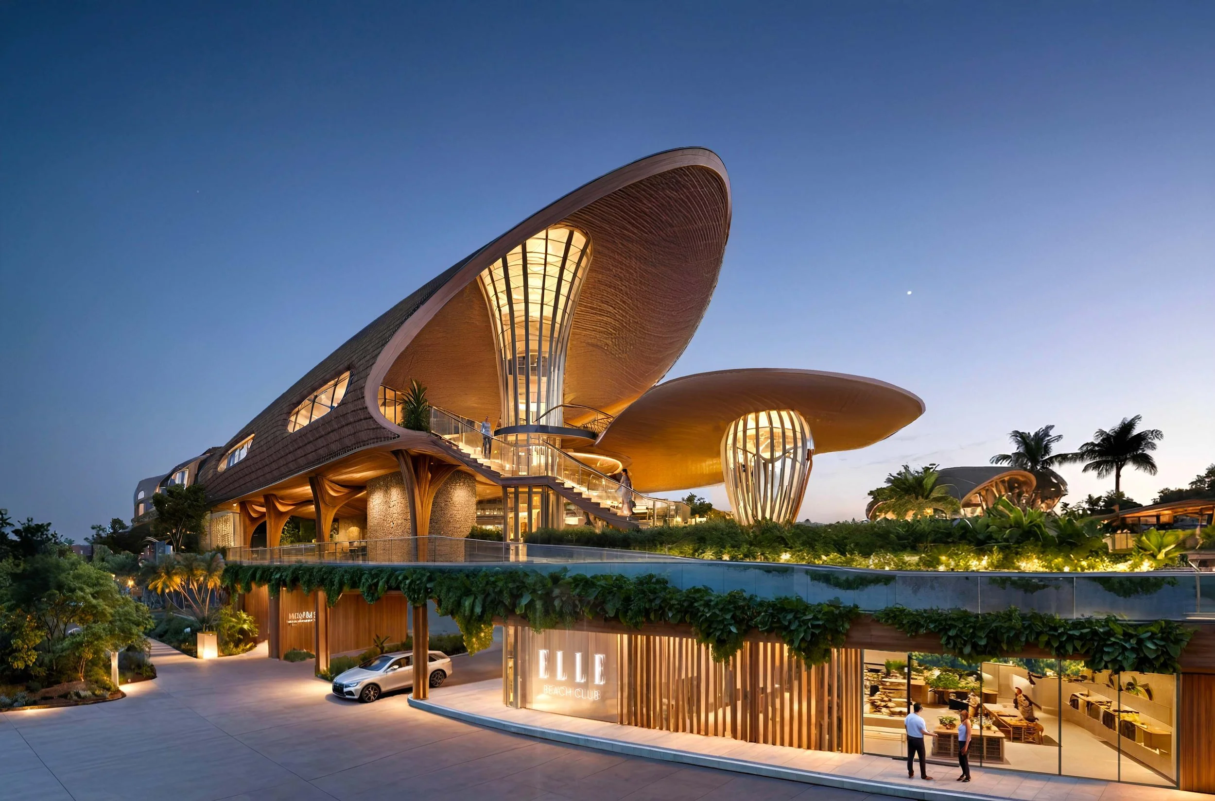 Modern hotel for ELLE with futuristic design, large curved roof, glass windows, and surrounding greenery at dusk, with illuminated interior and entrance.