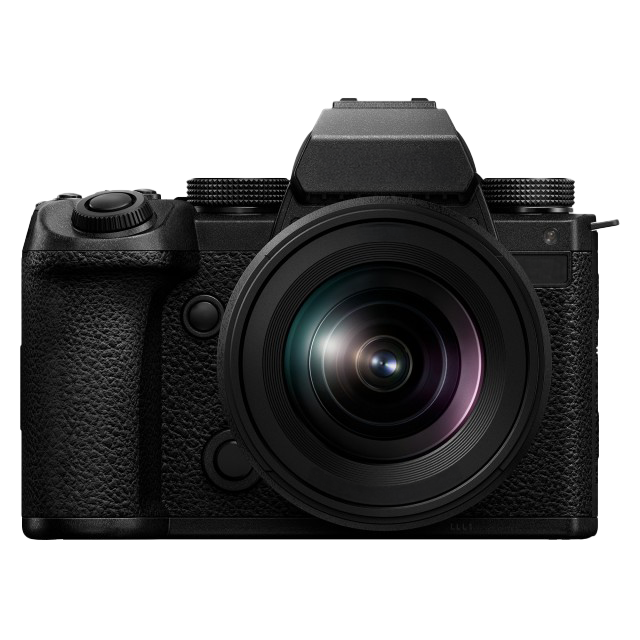Black digital camera with a large lens and textured grip surface