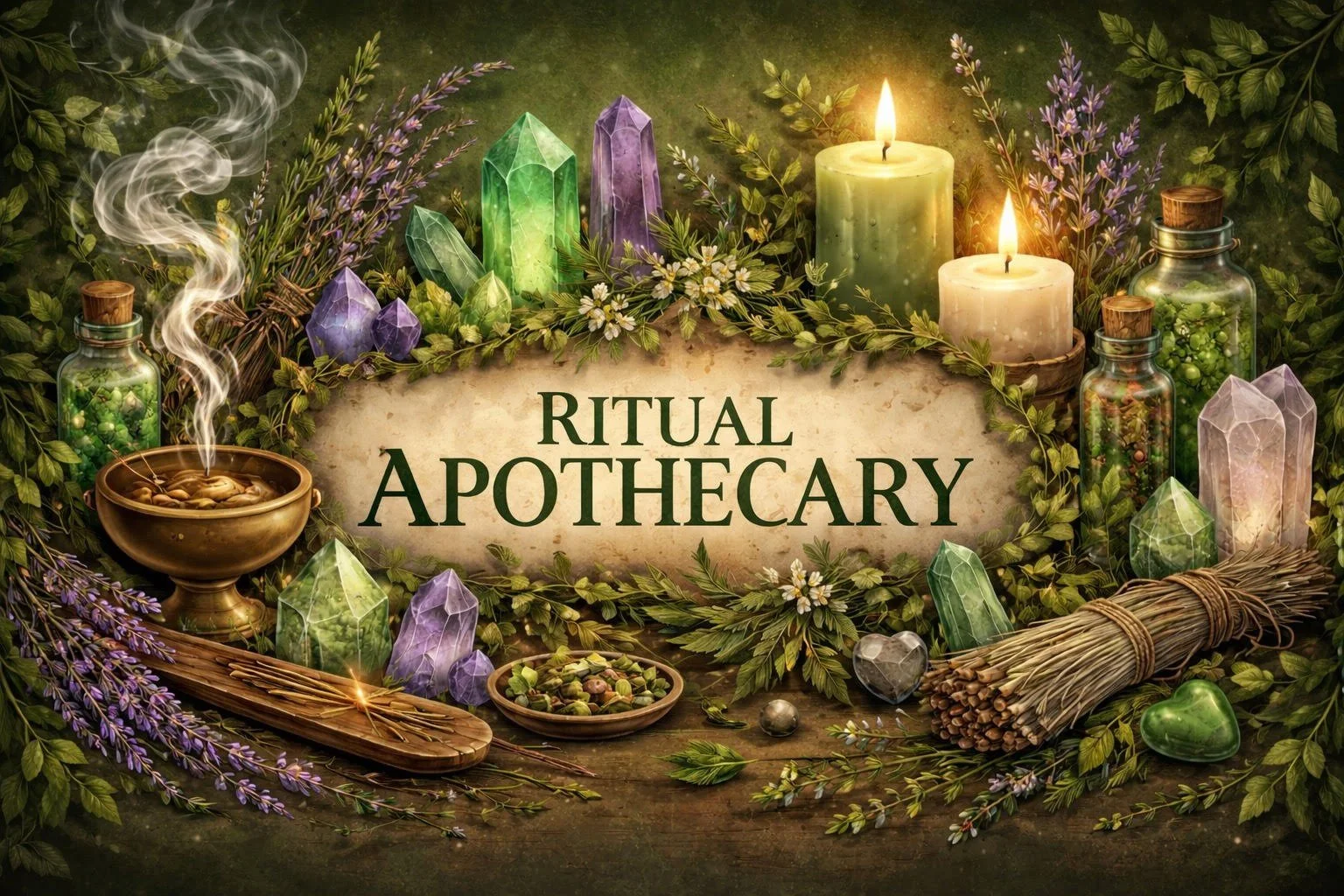Arrangement of crystals, candles, herbs, and oils with the words 'Ritual Apothecary' in the center, depicting a mystical or spiritual setting.