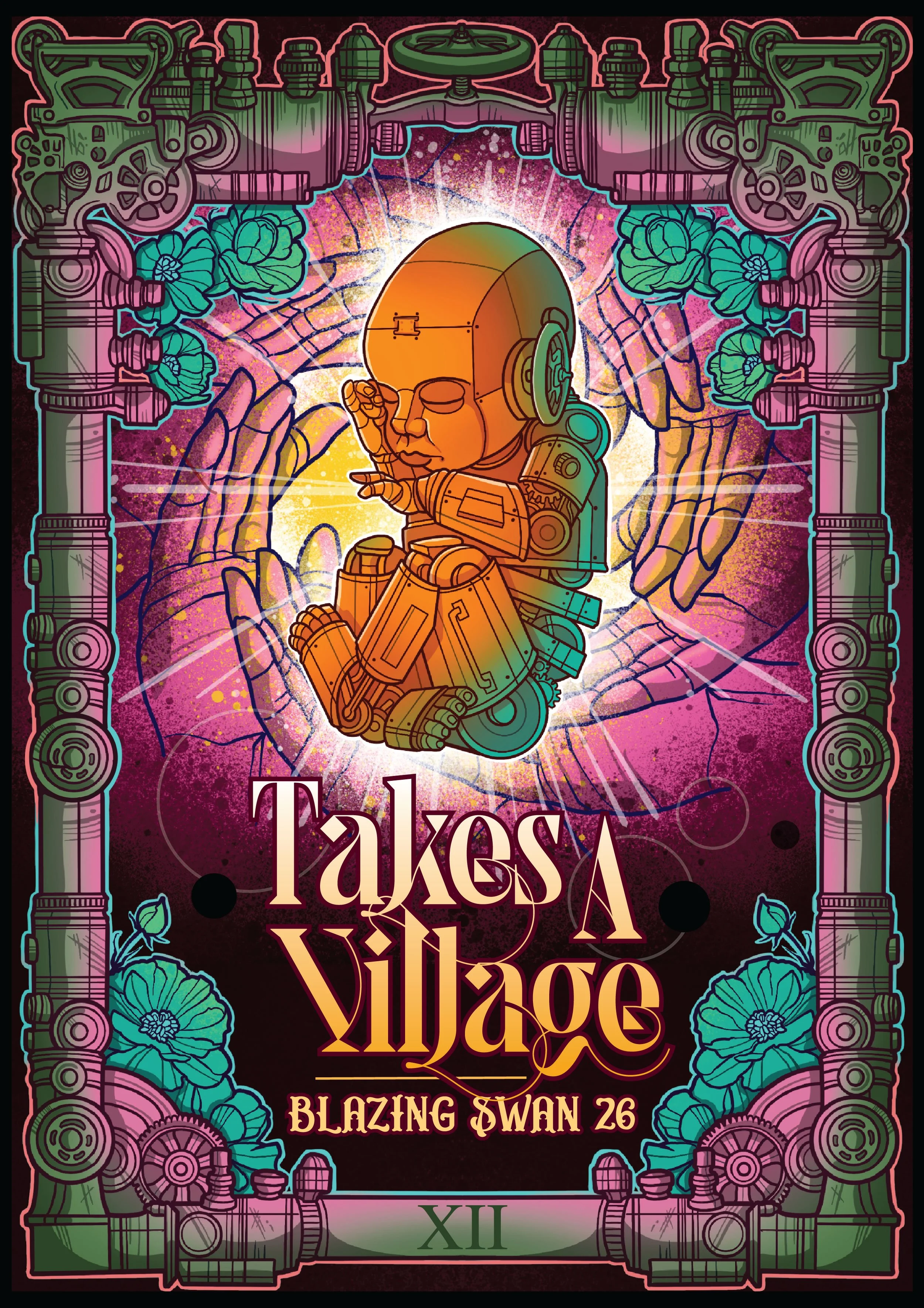 Colorful artwork of a robot praying with hands together in front of a bright cosmic background, surrounded by decorative floral and mechanical elements, with the text 'Takasa VIBE' and 'Blazing Swan 26' at the bottom.