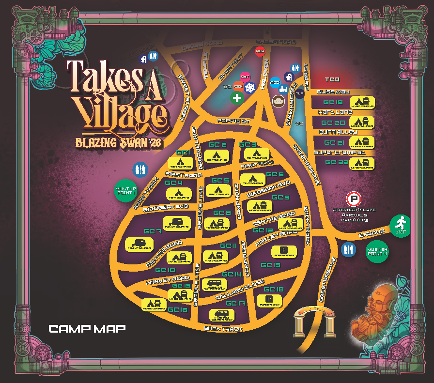 Camp map of Blazing Swan zone with labeled paths, parking, and key points like master points, restrooms, and entry/exit points.