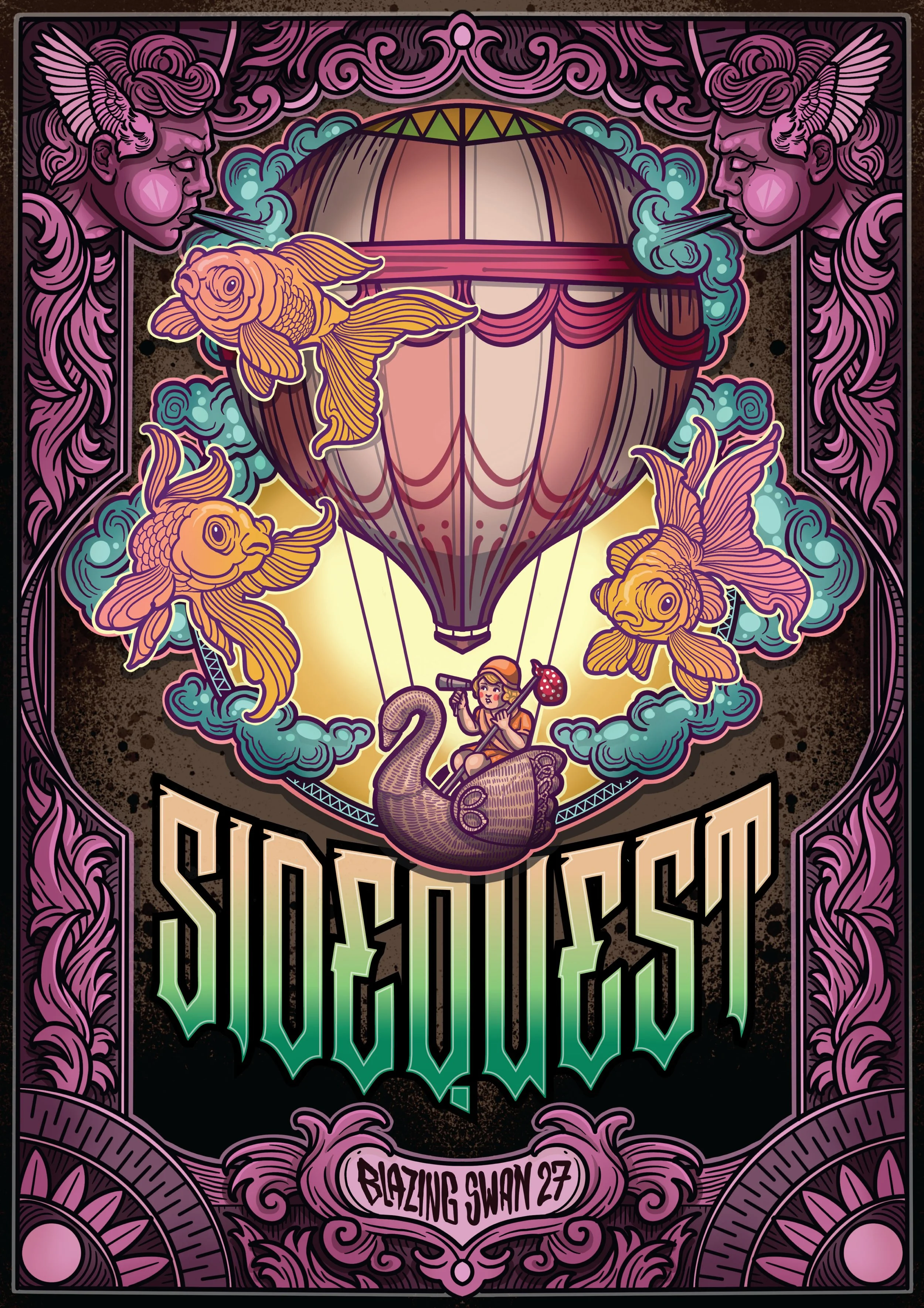 A detailed, colorful illustration featuring a hot air balloon surrounded by swirling clouds, goldfish, and intricate patterns. Two mythological figures with wings face each other from the top corners, spitting smoke. In the center, a girl in a sailor hat sits on a snake-like creature, with the word 'SHOEGAZER' prominently displayed below. The design has a vintage, tattoo-inspired style with purple, pink, and yellow accents.