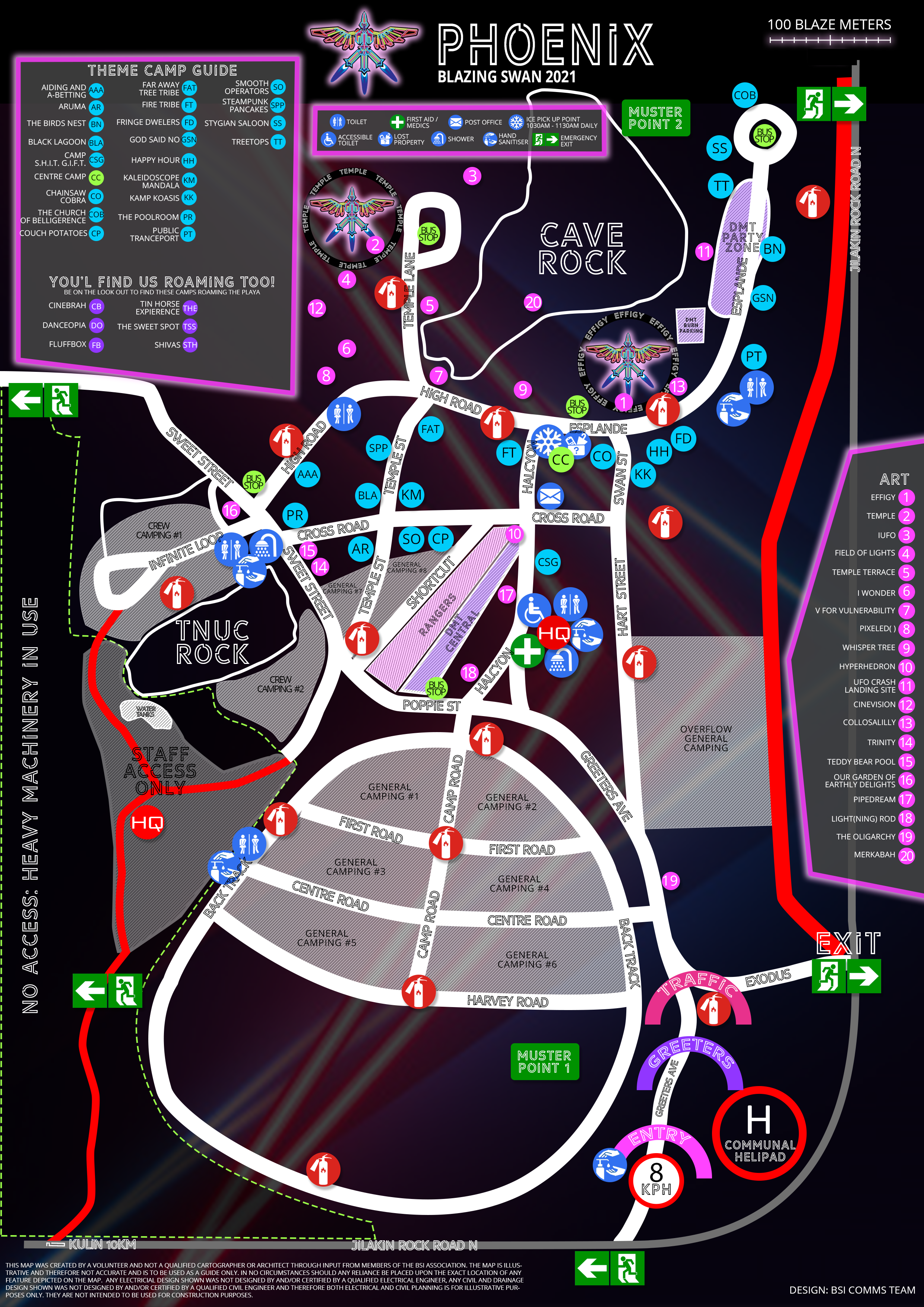 A detailed map of the Phoenix Blazing Swan 2021 festival layout with various camping zones, facilities, and points of interest labeled, including art installations, camping areas, medical stations, and emergency exits.