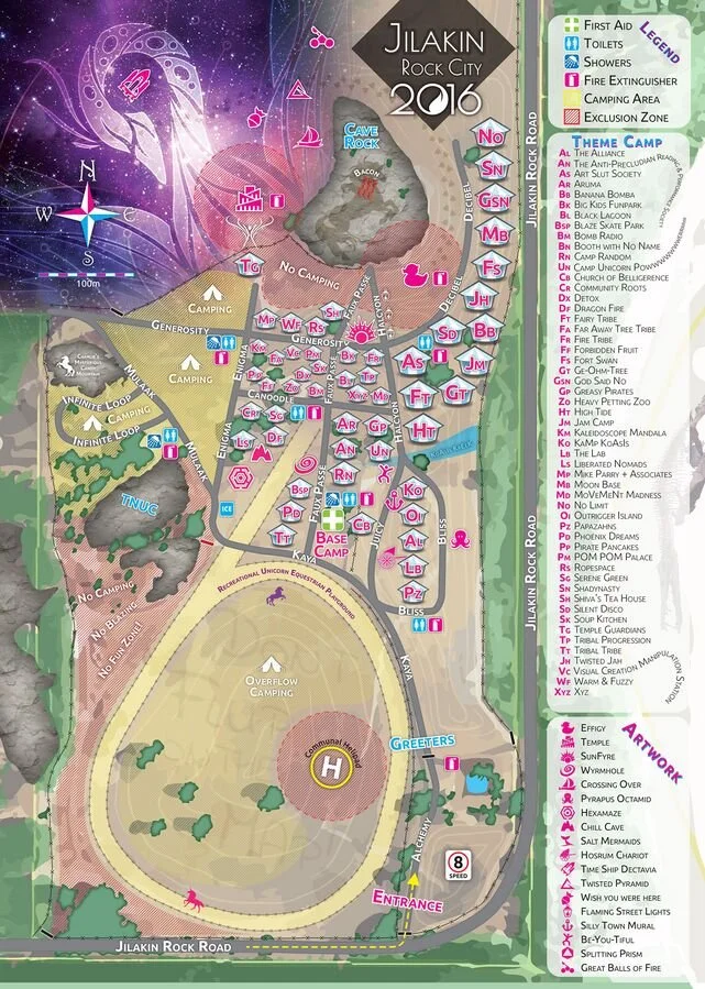 Map of Jilakin Rock City 2016 with campgrounds, activity zones, and thematic areas, including legend, compass, and entrance point, showing various landmarks and points of interest.