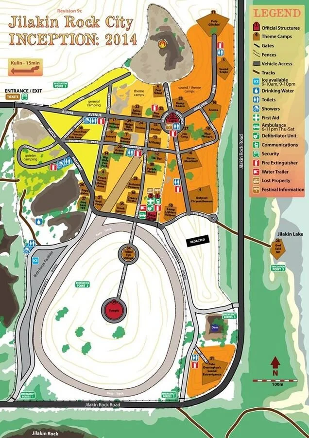 A detailed map of Jilakin Rock City for the 2014 event, showing entrance, general camping, theme camps, stages, facilities, and amenities. The map includes legends for structures, camps, gates, fences, vehicle access, tracks, water, toilets, first ai