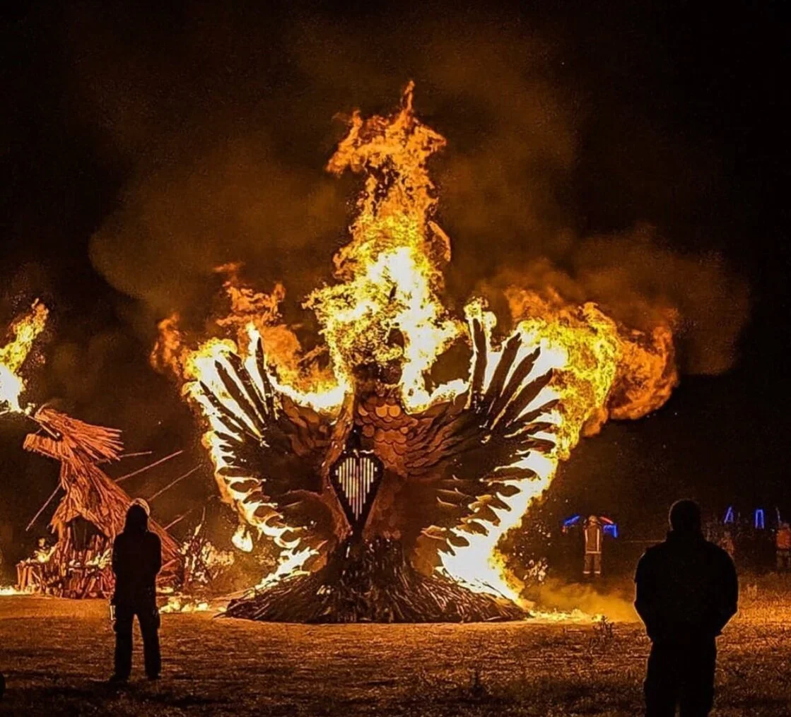 A large burning sculpture of a bird with outstretched wings and flames shooting out from the top, with two silhouettes of people in the foreground watching the fire at night.