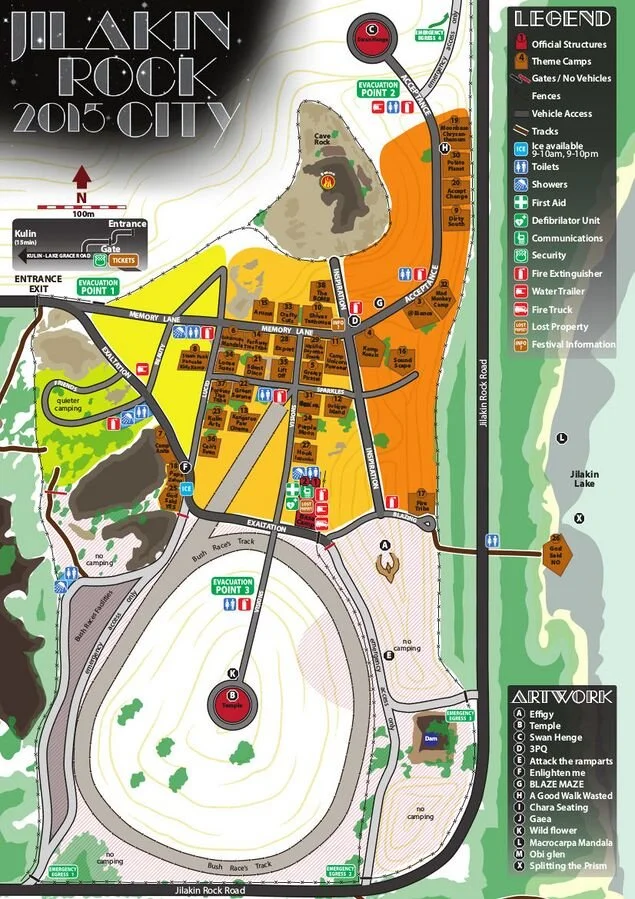 Detailed map of Jilakin Rock City, showcasing various campsites, structures, and points of interest with labels for different zones, facilities, and emergency points at a music festival in 2015.