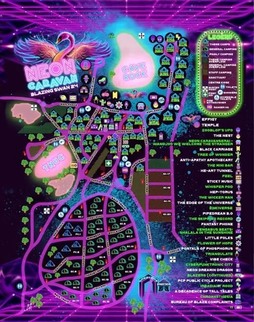 Colorful map of a festival called Neon Caravan at Blaze Swan 24, featuring sections for cave rock, tiki area, and various themed campsites with names like Effigy Temple, Sticky Music, and Cyberpunk Tokyo. Symbols indicate stages, safe zones, toilets,