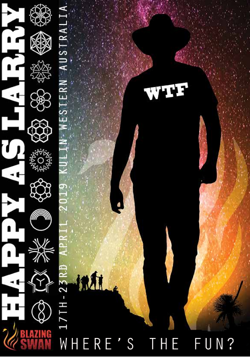 Silhouette of a man wearing a cowboy hat and a shirt with 'WTF' printed on it, standing against a colorful starry sky and sunset background, with event details and logos at the bottom.