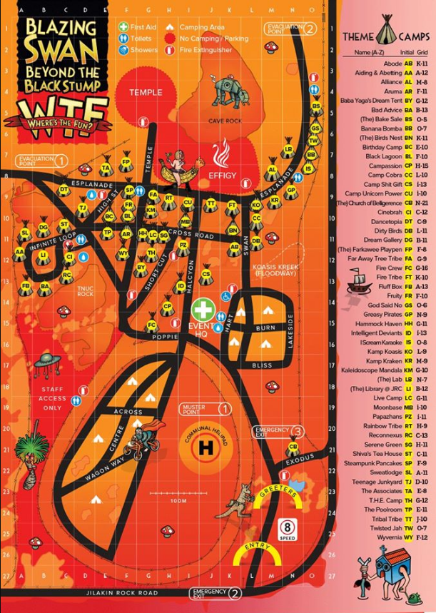 A colorful camp map for Blazing Swan Beyond the Black Stump themed event, featuring various zones such as the Temple, Cave Rock, Effigy, and Infinity Loop. The map displays amenities like first aid, toilets, showers, fire extinguisher points, and cam