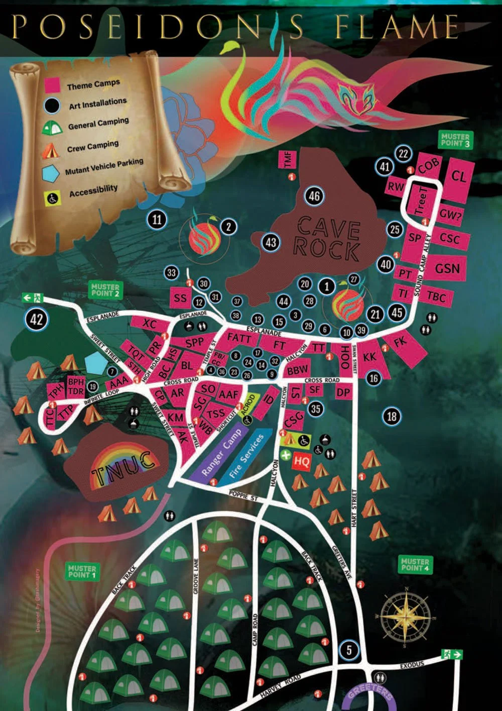 Map of Posedion's Flame festival showing various camping areas, art installations, and attractions with a cave rock feature at the center.