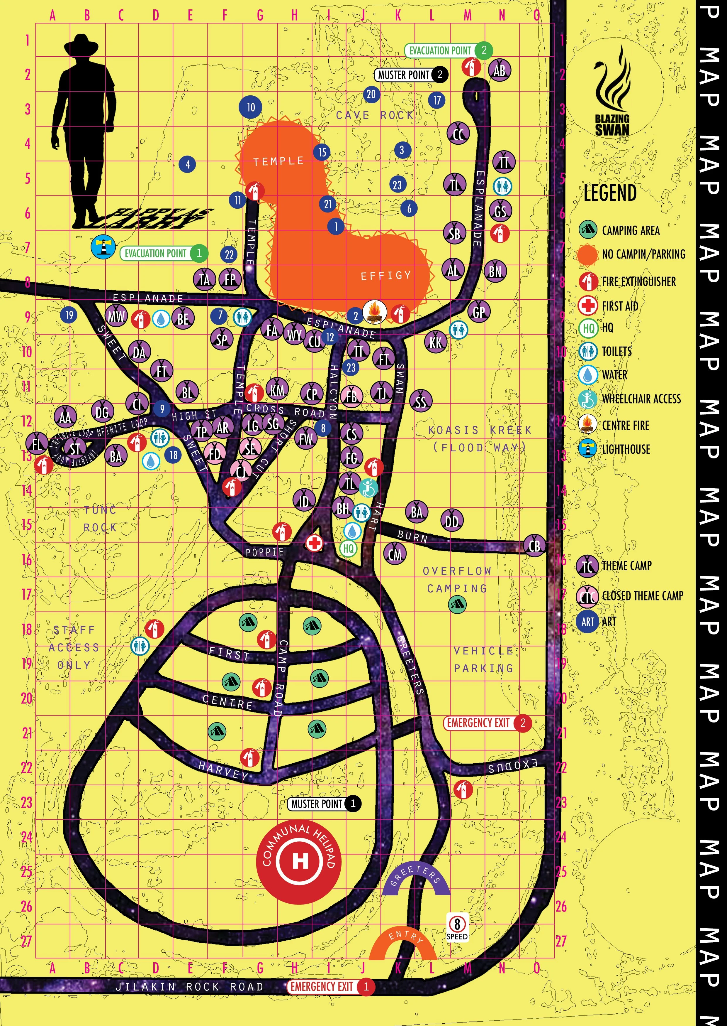 A detailed map of a campground with roads, camping areas, facilities, and emergency points. Includes legend for symbols.