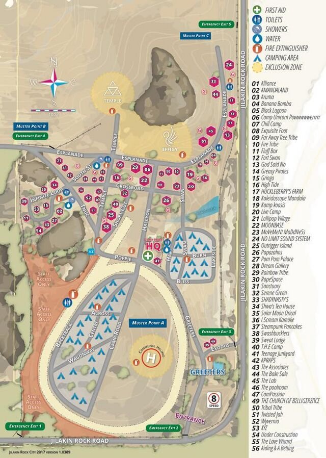 Map of Jilkan Rock Campground showing campsites, facilities, trails, and emergency exits, with a central campfire area, a lake, a temple, and various numbered attractions and amenities.