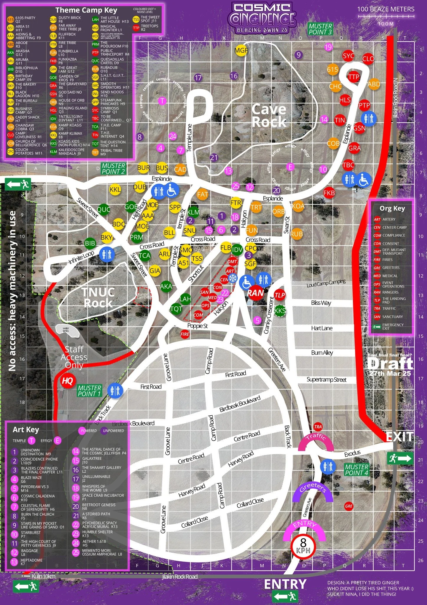Map of Cosmic Incidence Blazing Swan 25 event with color-coded camp and activity zones, key locations, and emergency exits, including various art installations and themed camp areas.