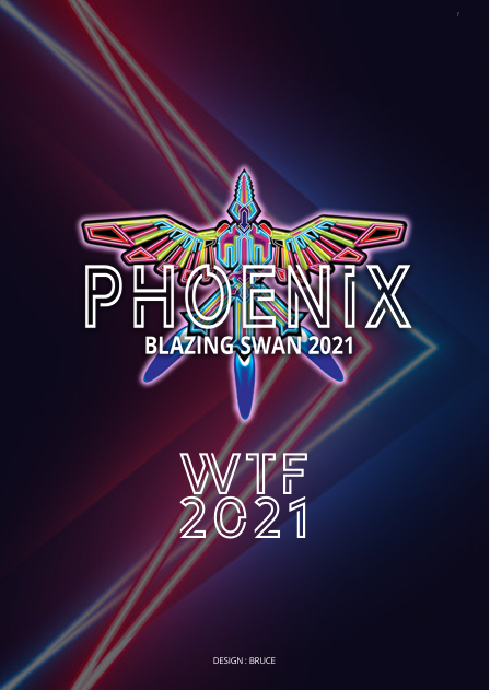 Colorful neon-style graphic with the word 'PHOENIX' and a stylized phoenix symbol for 'Blazing Swan 2021', and text 'WTF 2021'.