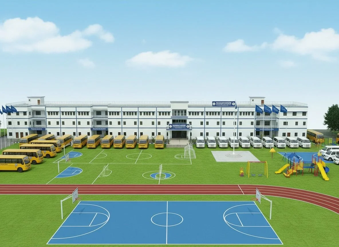 School building with yellow buses and cars, outdoor basketball courts, a playground with slides, and a running track under a blue sky.