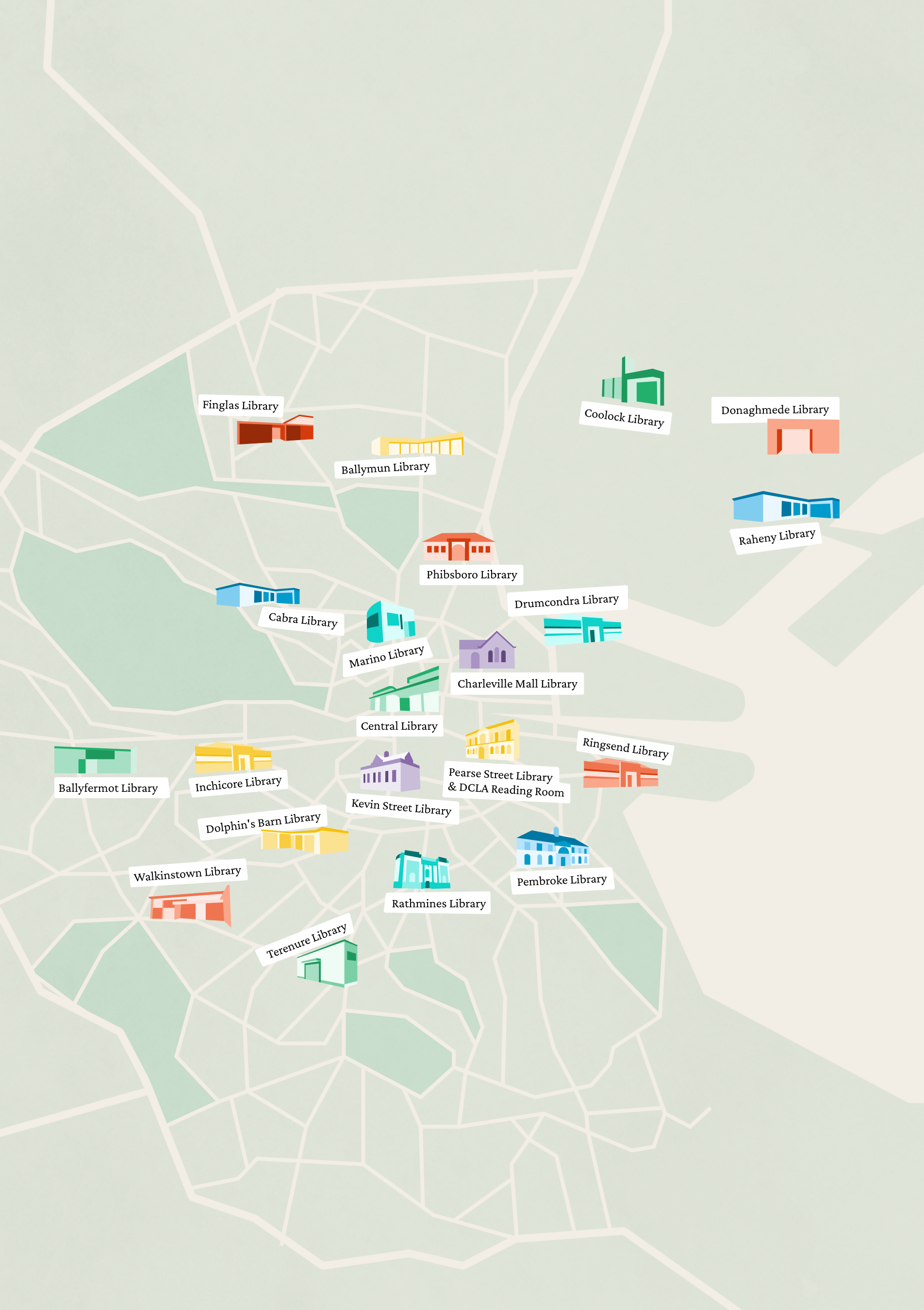 Map showing various libraries in Charleville, each represented with a different colored building icon and labeled with their names.