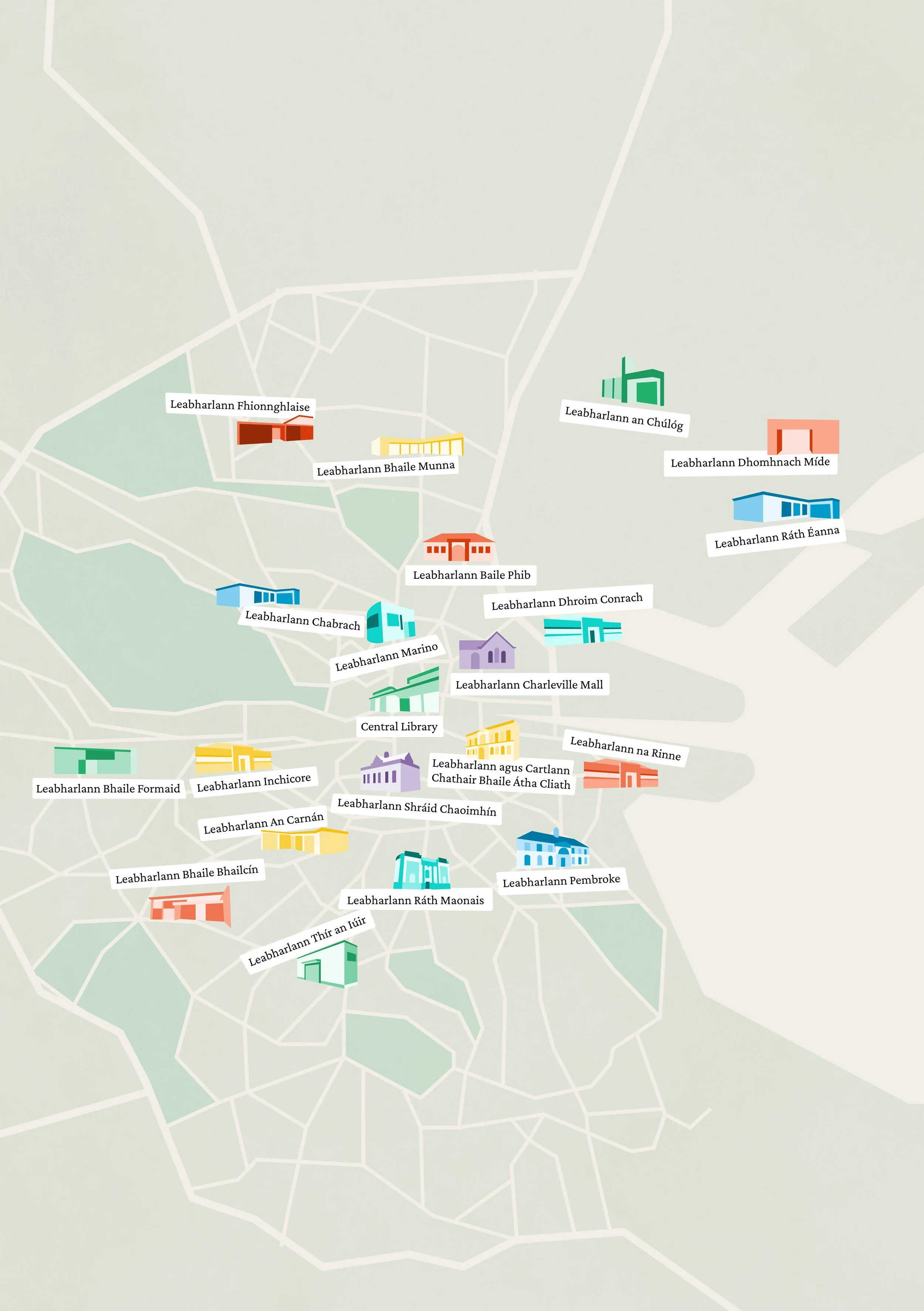 Map of Dublin with various buildings labeled in Irish.
