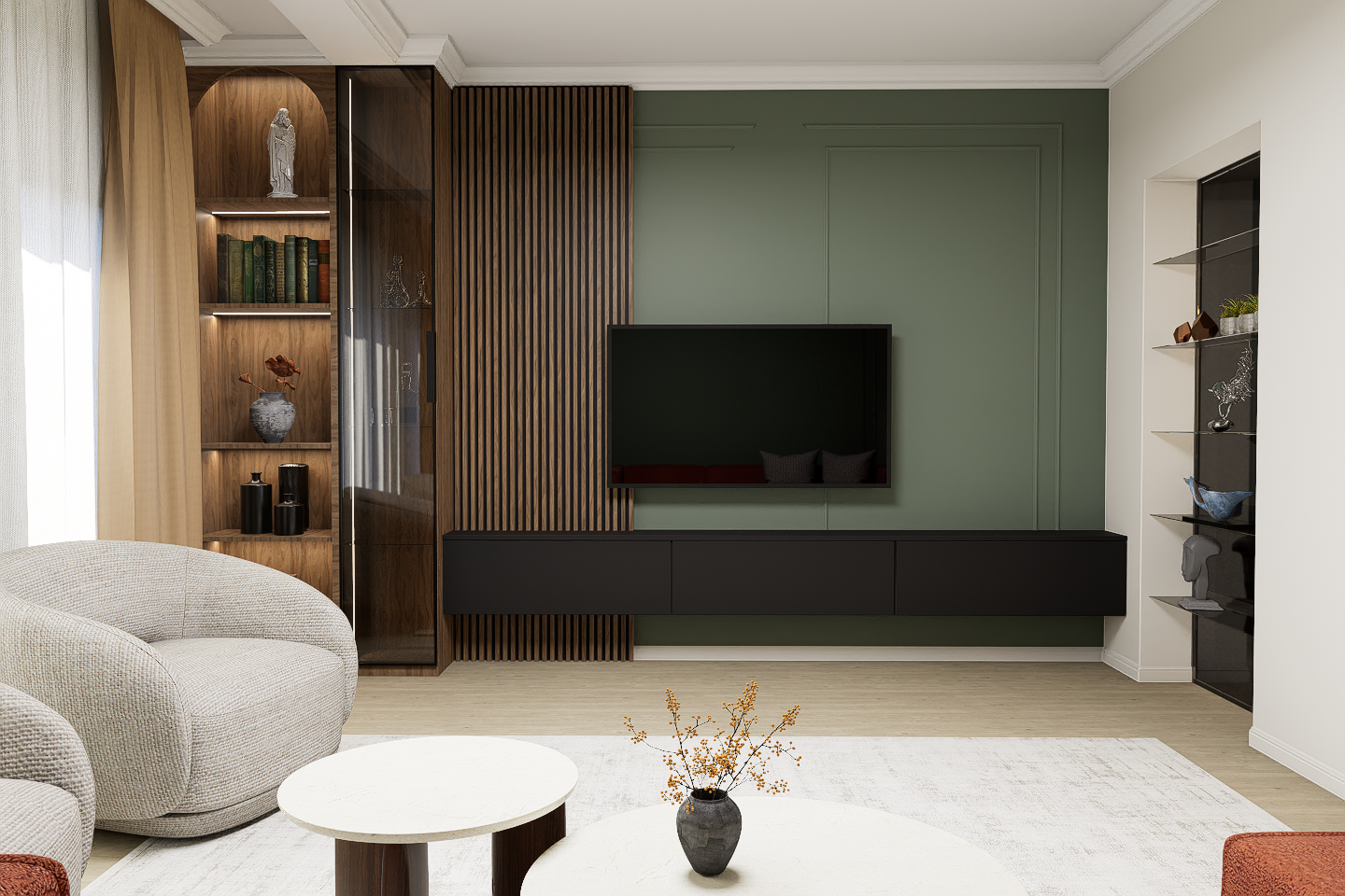 Riflaj lemn si comoda tv suspendata neagra