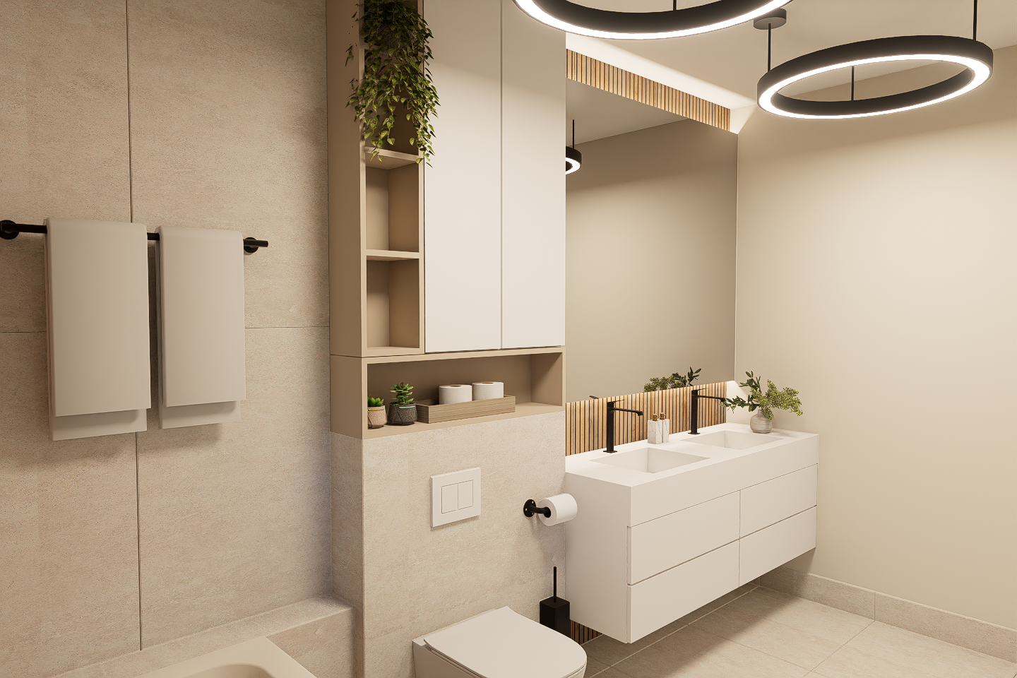 Lavoar dublu și riflaj imitație lemn in baie