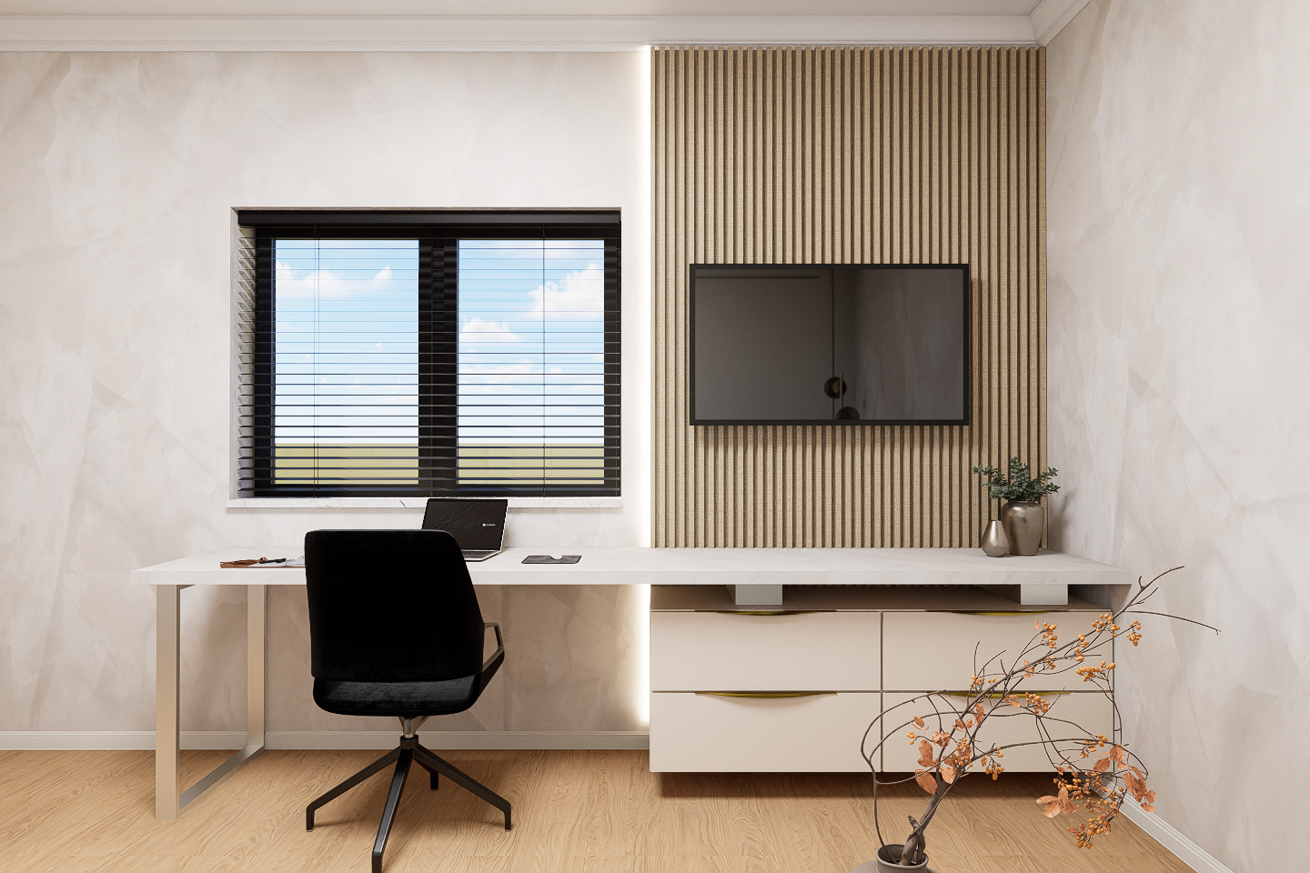 Birou cu spații de depozitare și riflaj