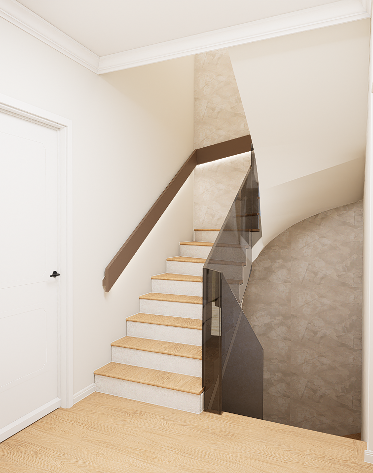 Scara cu balustrada din sticla si din lemn