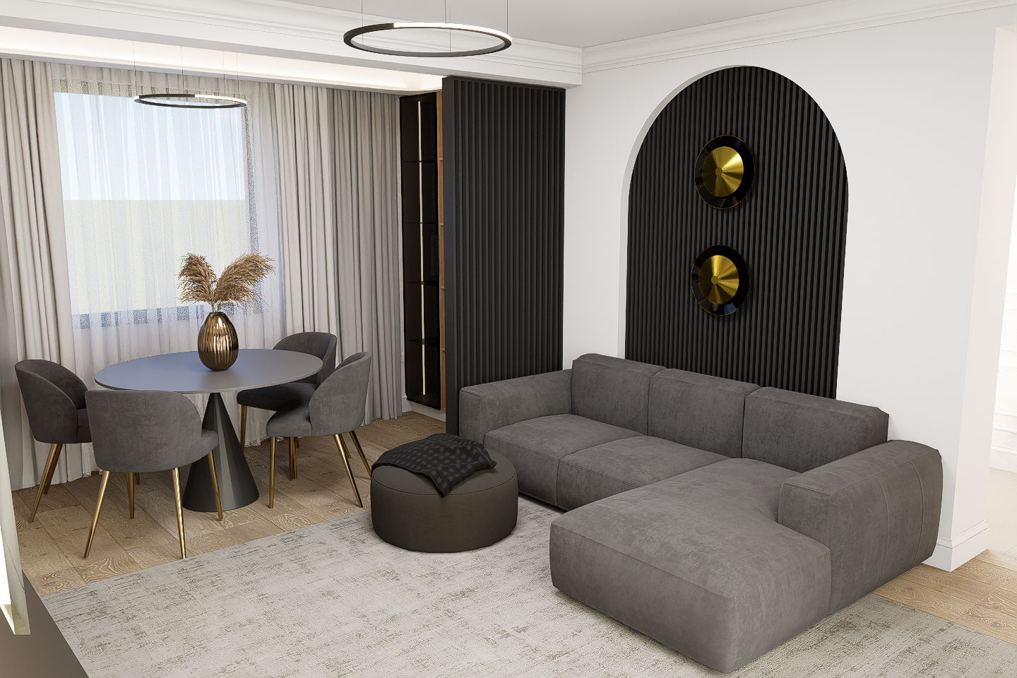 Living cu perete desparitor din riflaj