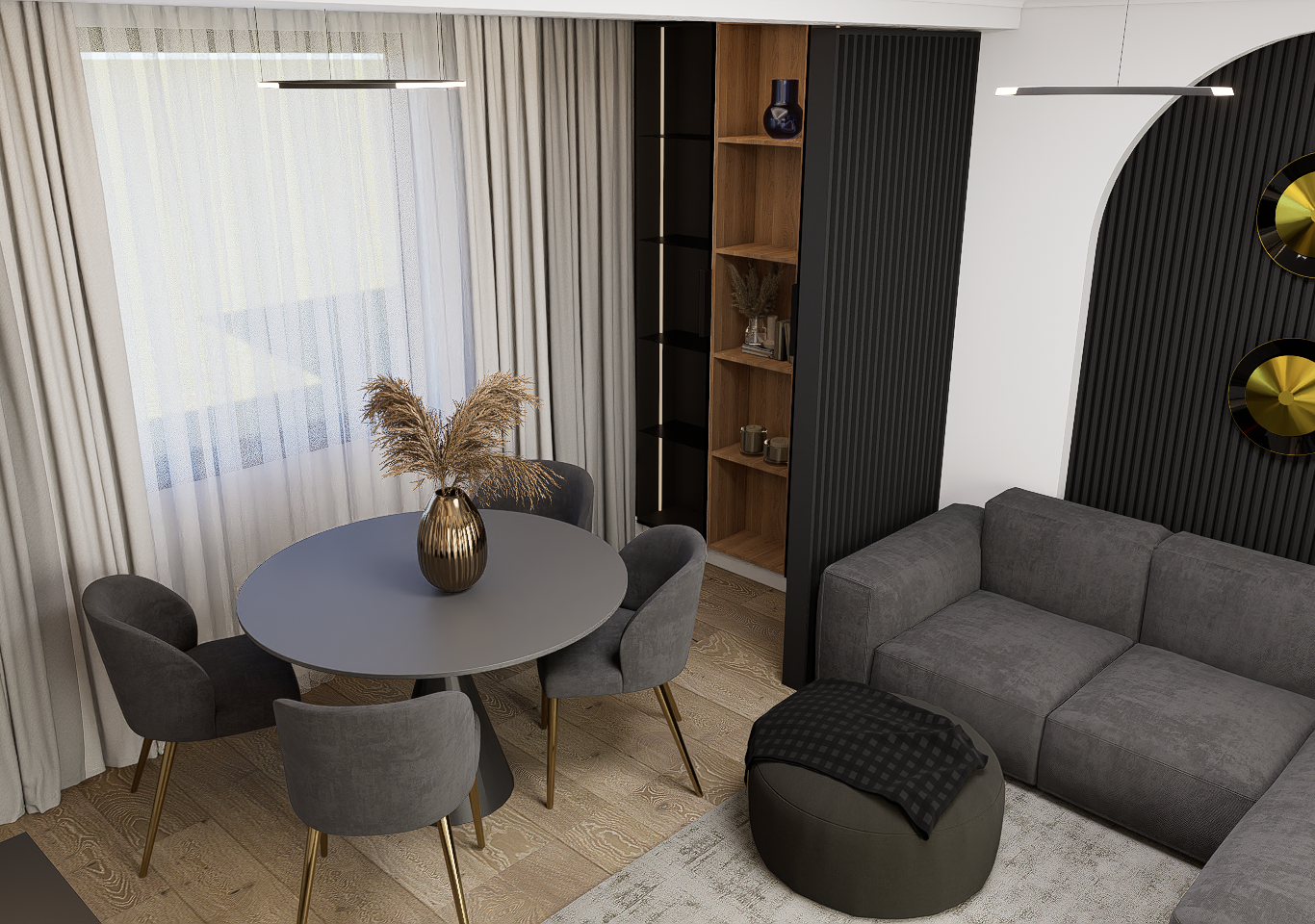 Livingroom culori neutre si insertii de lemn