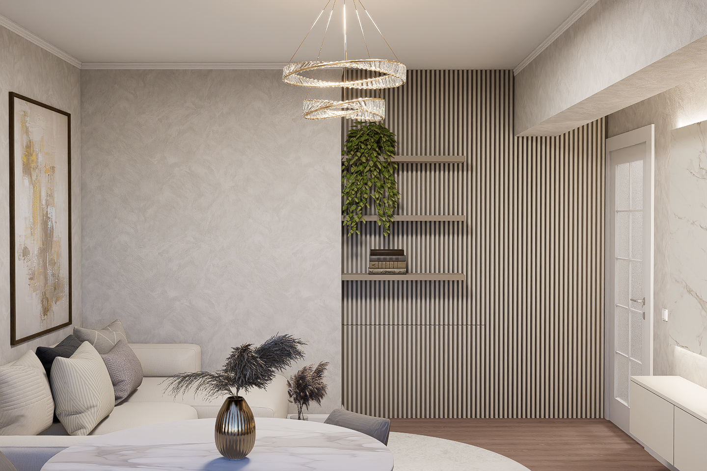 Placare perete living cu riflaj