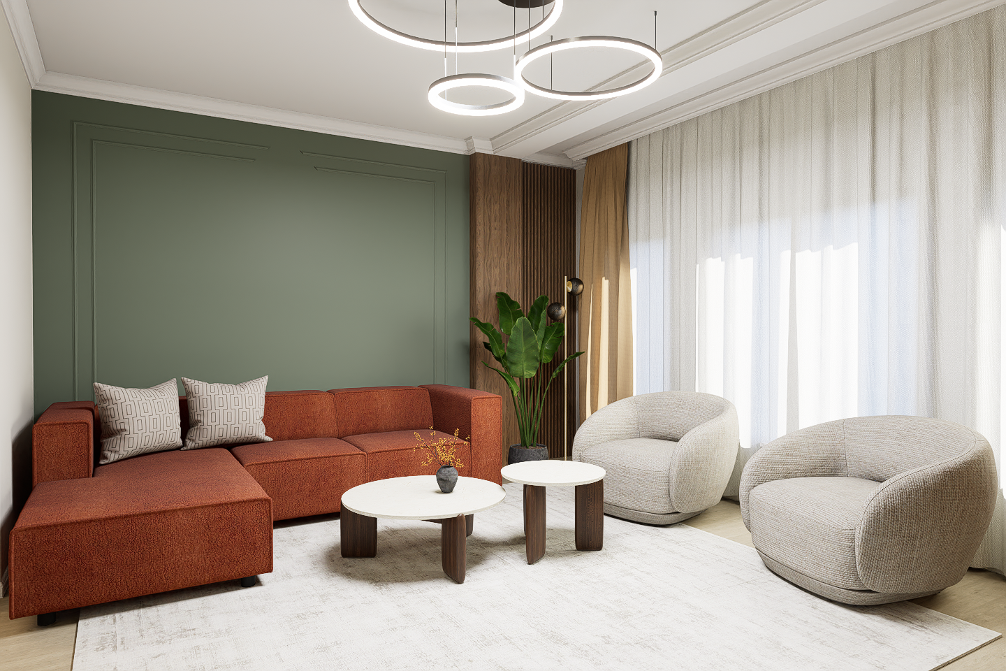 Living cu pereti de accent de culoare verde olive