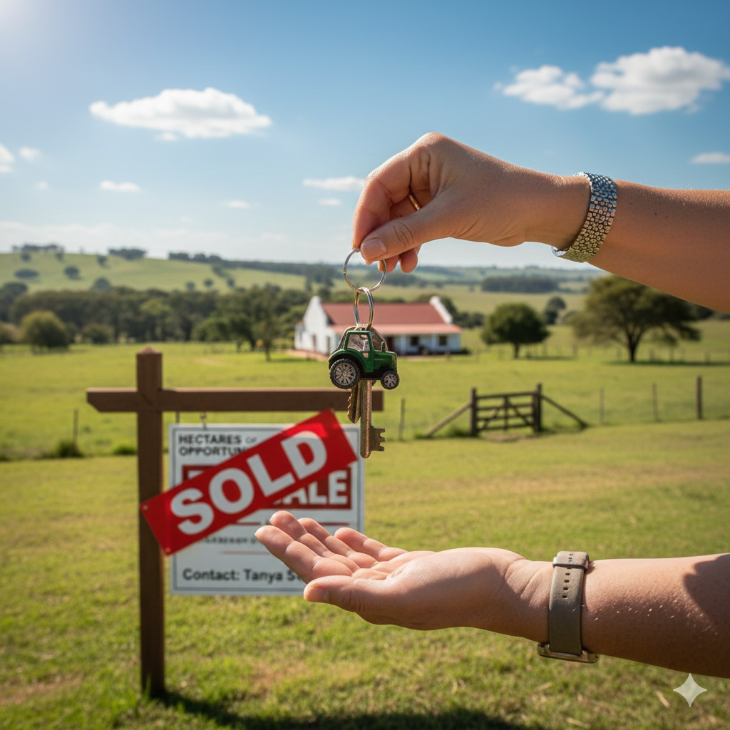Person holding a small car keychain over an open hand in front of a sold sign on a grassy field with a house and hills in the background.