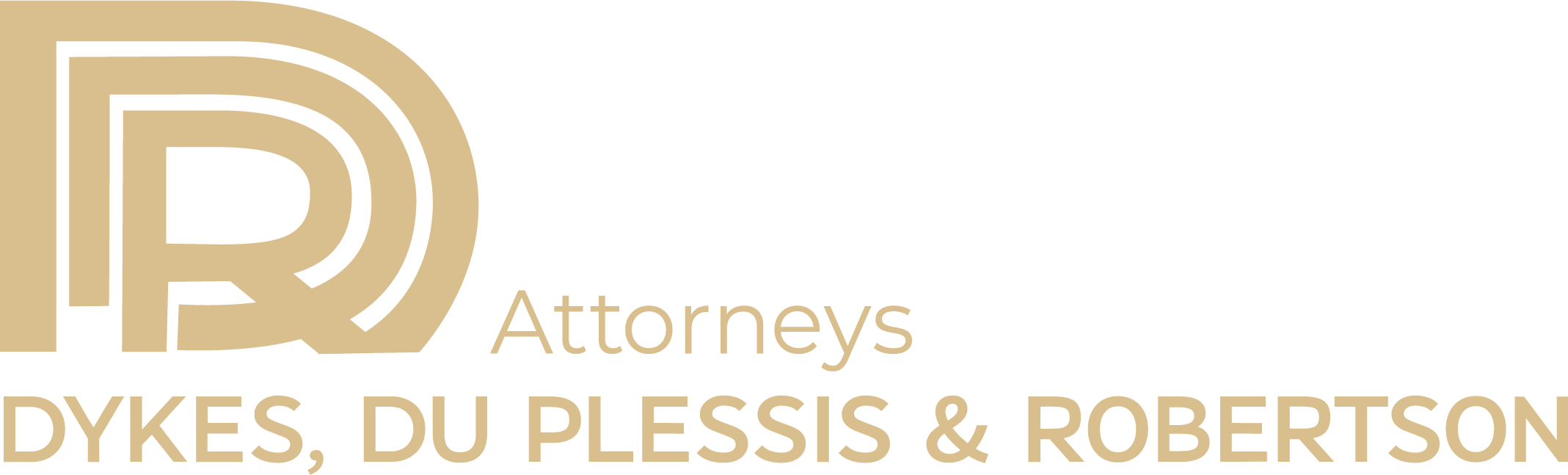 Logo for Dykes, Du Plessis & Robertson Attorneys, featuring a stylized letter D and black and beige text.