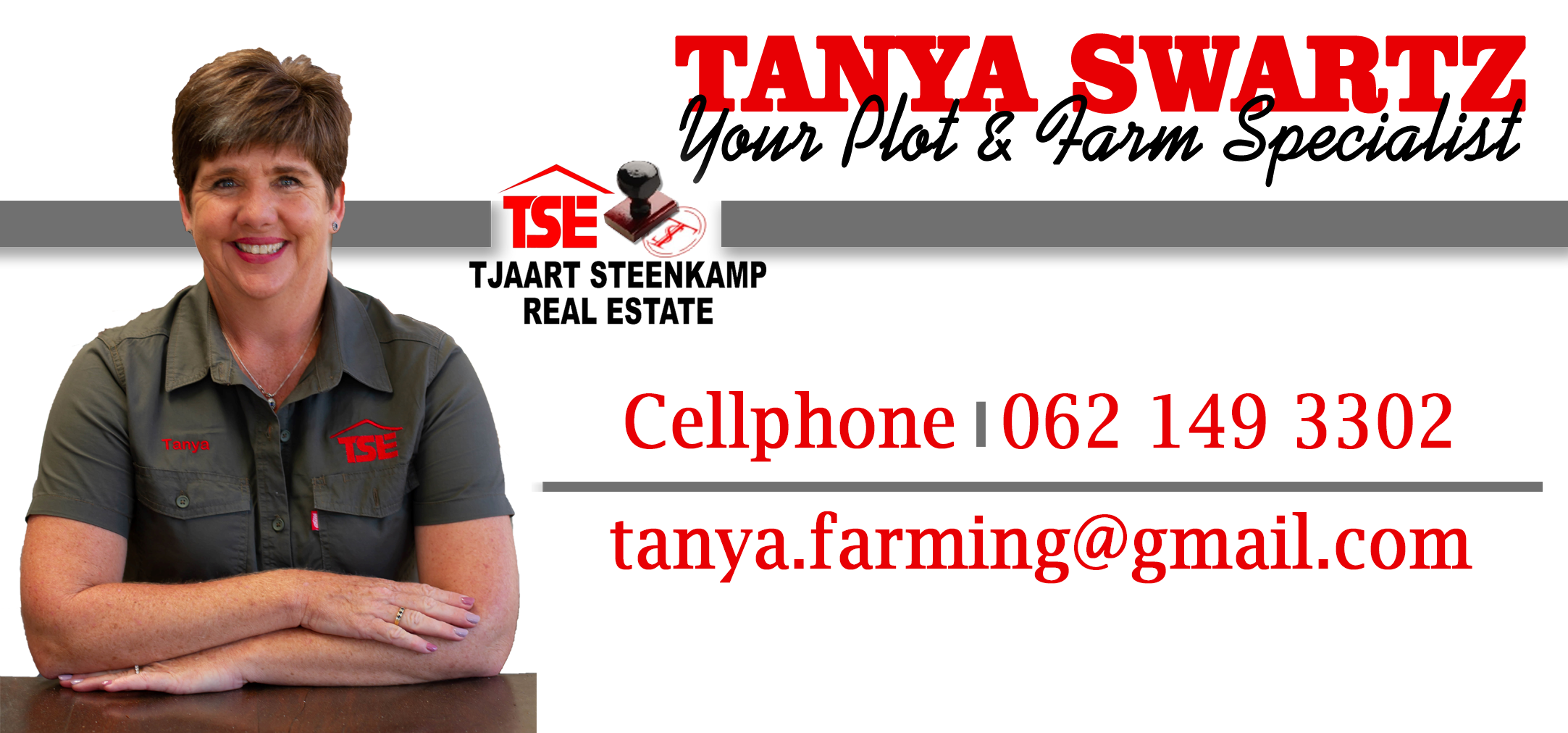 Business card for Tanya Swartz, a plot and farm specialist, includes her photo, contact number, email, and her affiliation with TSE.