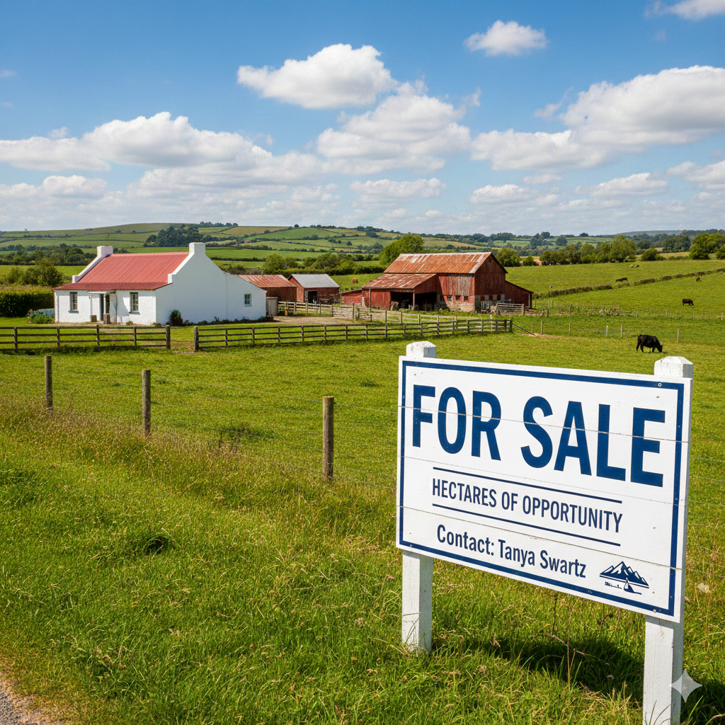 A rural landscape with green fields, a white house with a red roof, and several red barns under a blue sky with white clouds; a "For Sale" sign is in the foreground.
