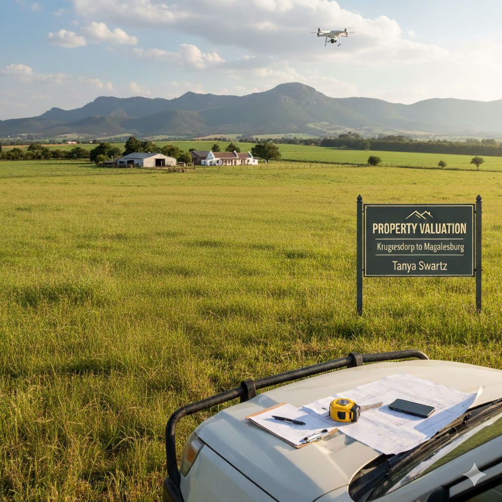 A rural landscape with green fields, distant buildings, and mountains in the background. A drone is flying in the sky. A sign reads 'Property Valuation Krugersdorp to Magaliesburg Tanya Swartz.' An outdoor table on the back of a vehicle holds a measuring tape, papers, a pen, and a smartphone.