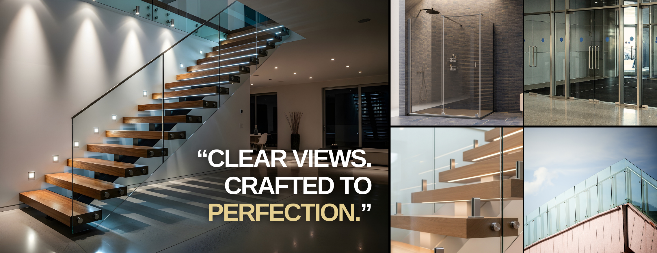 Collage of modern architectural glass balcony and door designs, including a staircase with wood and glass railing, a glass shower enclosure, glass building entry with sliding doors, and a rooftop glass railing against a blue sky, with overlaid text reading "Clear views. Crafted to perfection."