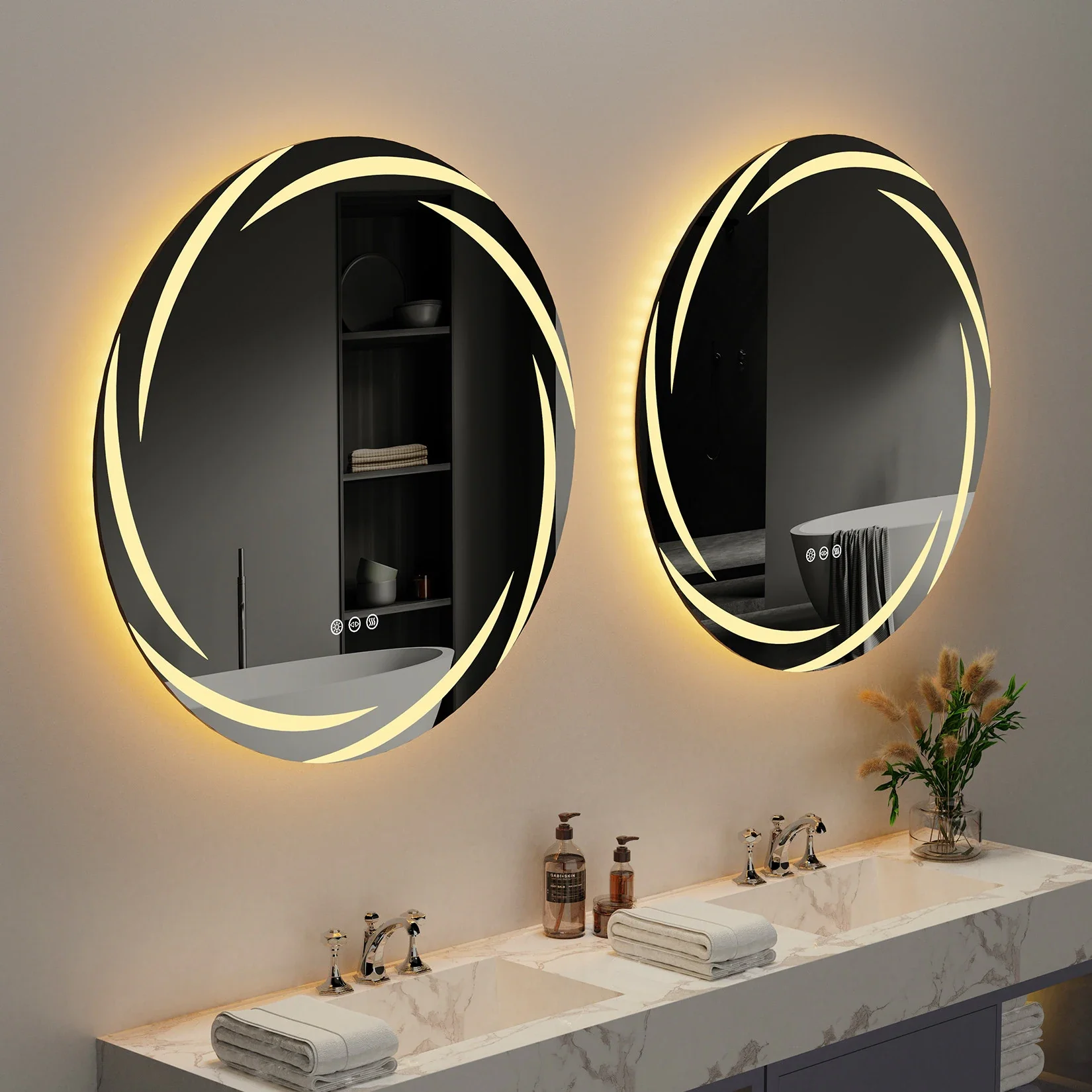 Modern bathroom with two illuminated oval mirrors above a marble double sink vanity, and a vase with flowers on the right side.