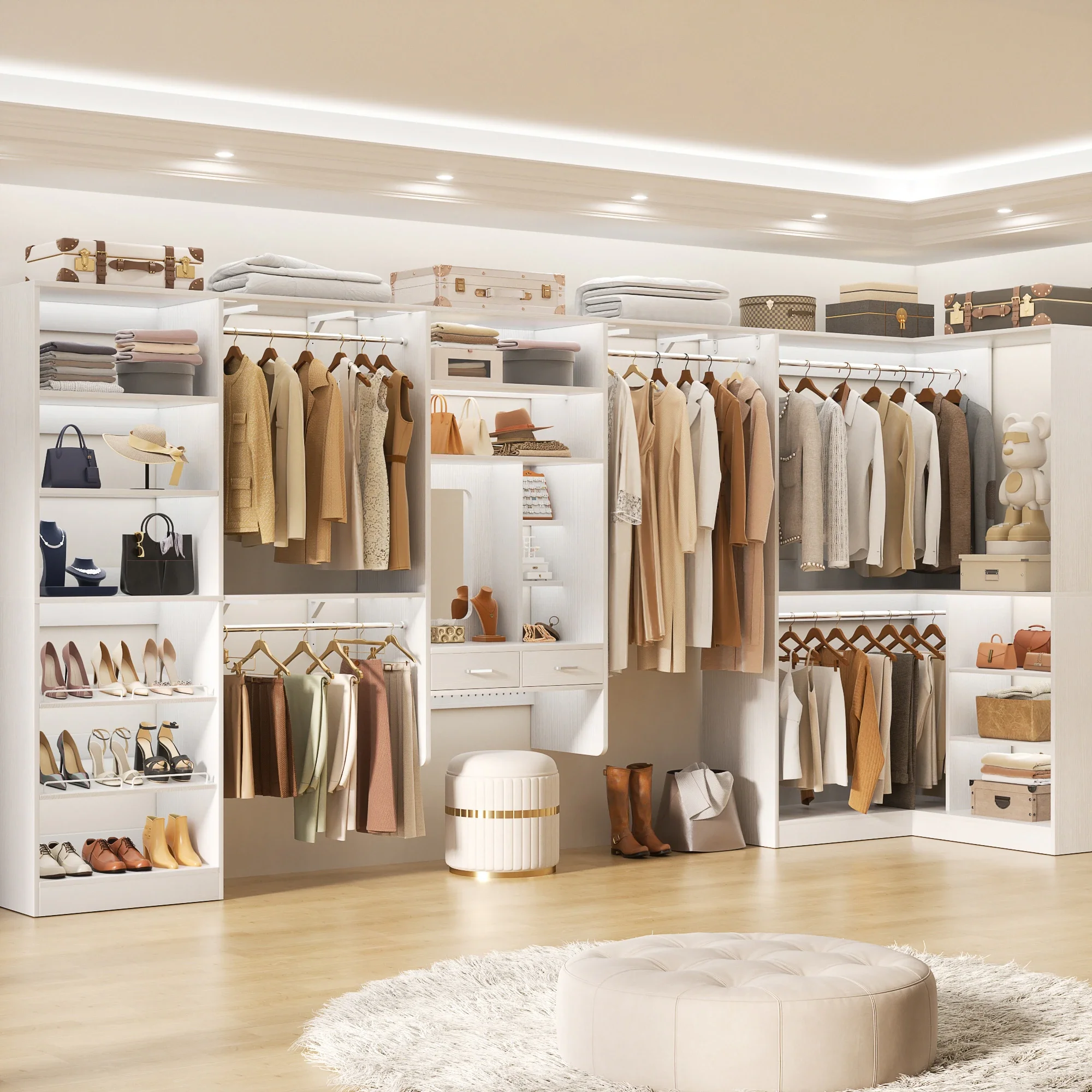 A walk-in closet with organized shelves and hanging racks filled with clothing, shoes, handbags, and accessories, with a round ottoman and a plush rug on the wooden floor.