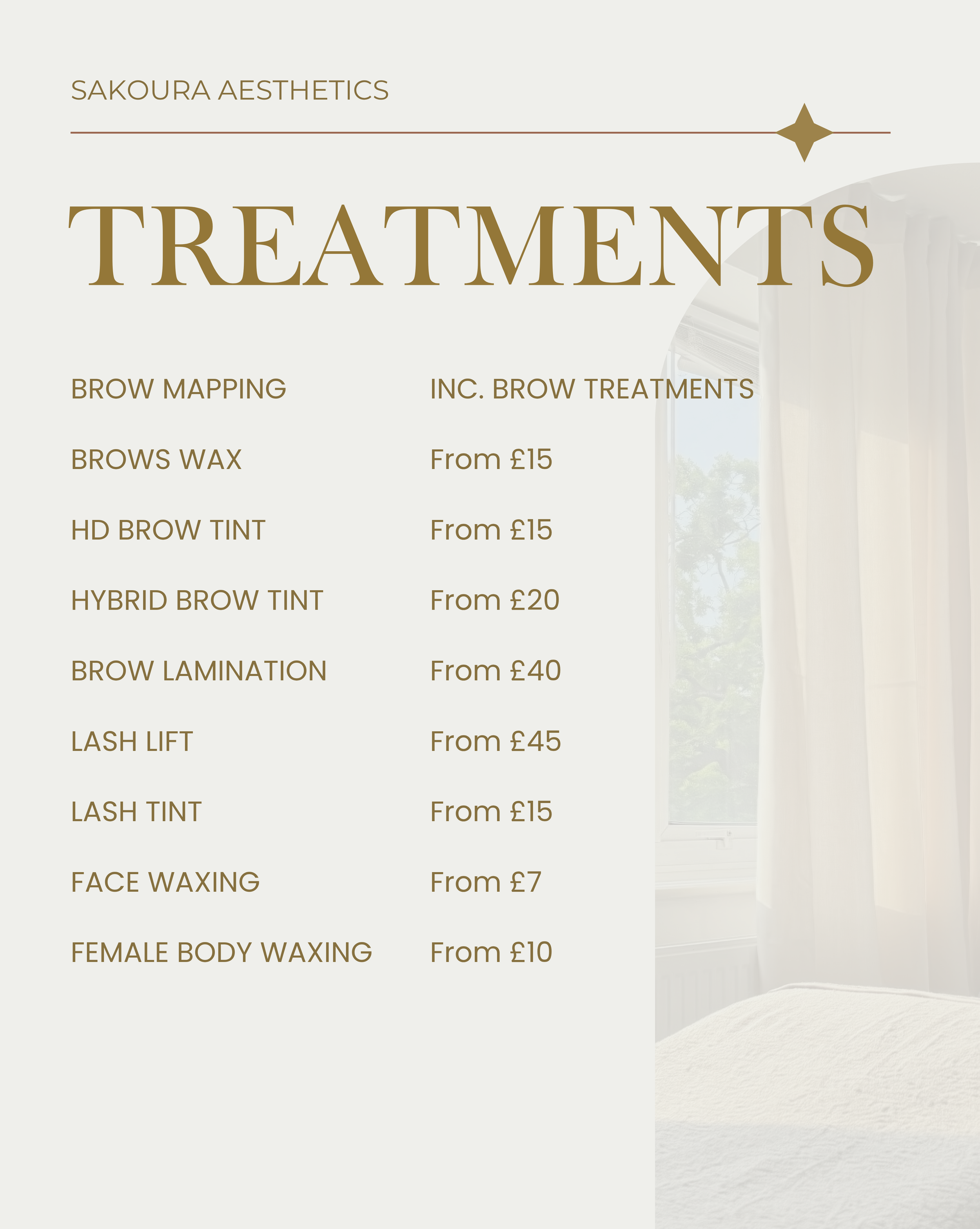 Sakoura Aesthetics treatment menu featuring brow lamination, HD brows, hybrid brow tint, lash lift, lash tint and professional waxing services in South London.