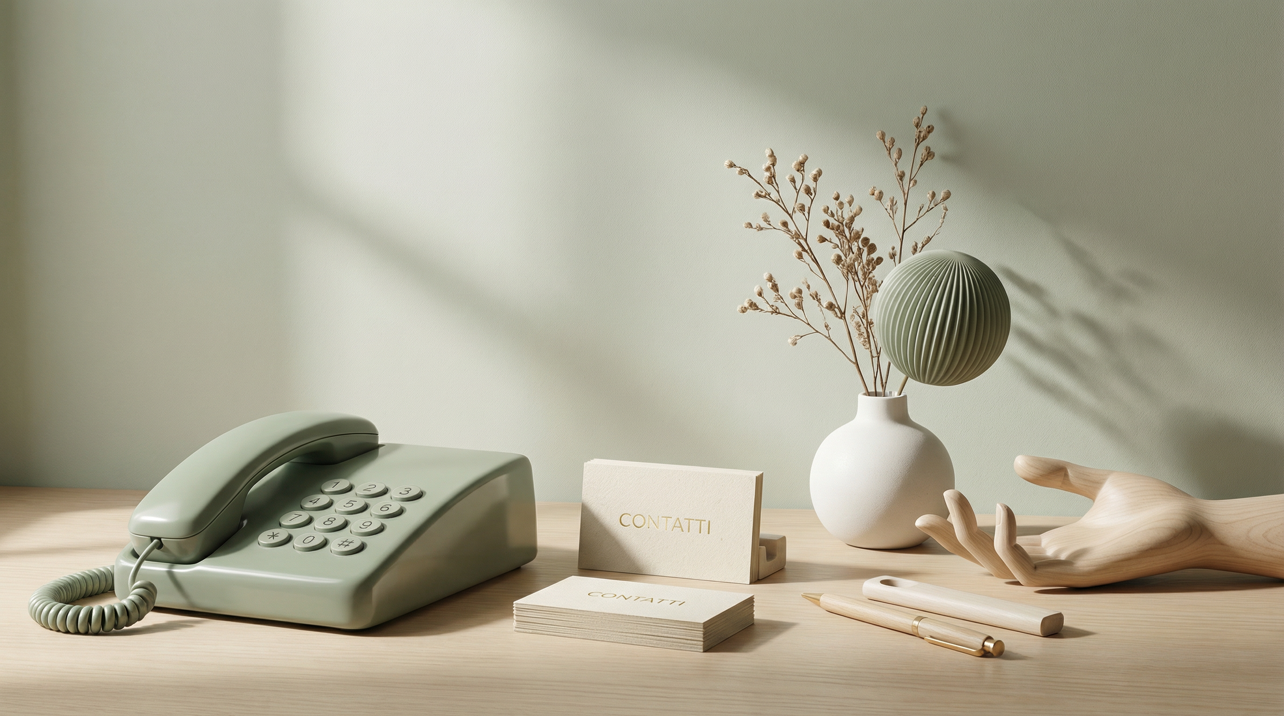 Telefono vintage, fiori secchi in vaso, cartellini dei contatti, penna decorativa, mano di legno, sfondo chiaro