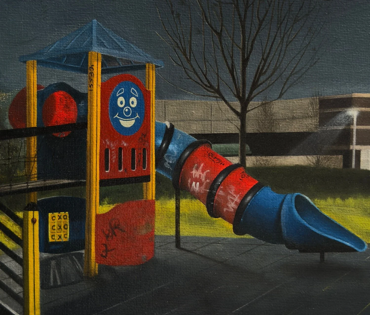 Oil painting of an empty colorful playground at night. A slide with a clown face stands in front of a bare tree and a distant building with a single bright light.