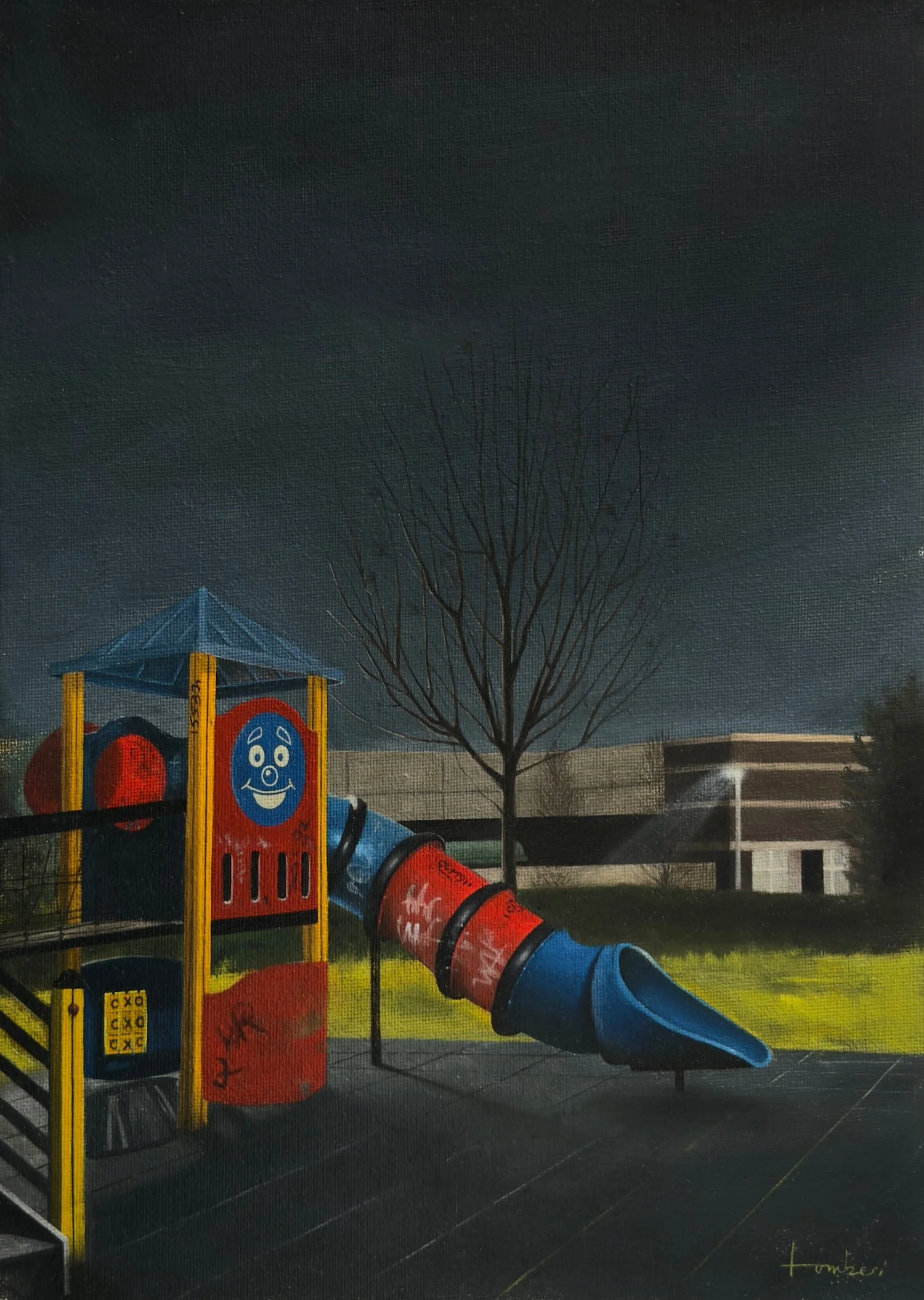 Oil painting of an empty colorful playground at night. A slide with a clown face stands in front of a bare tree and a distant building with a single bright light.