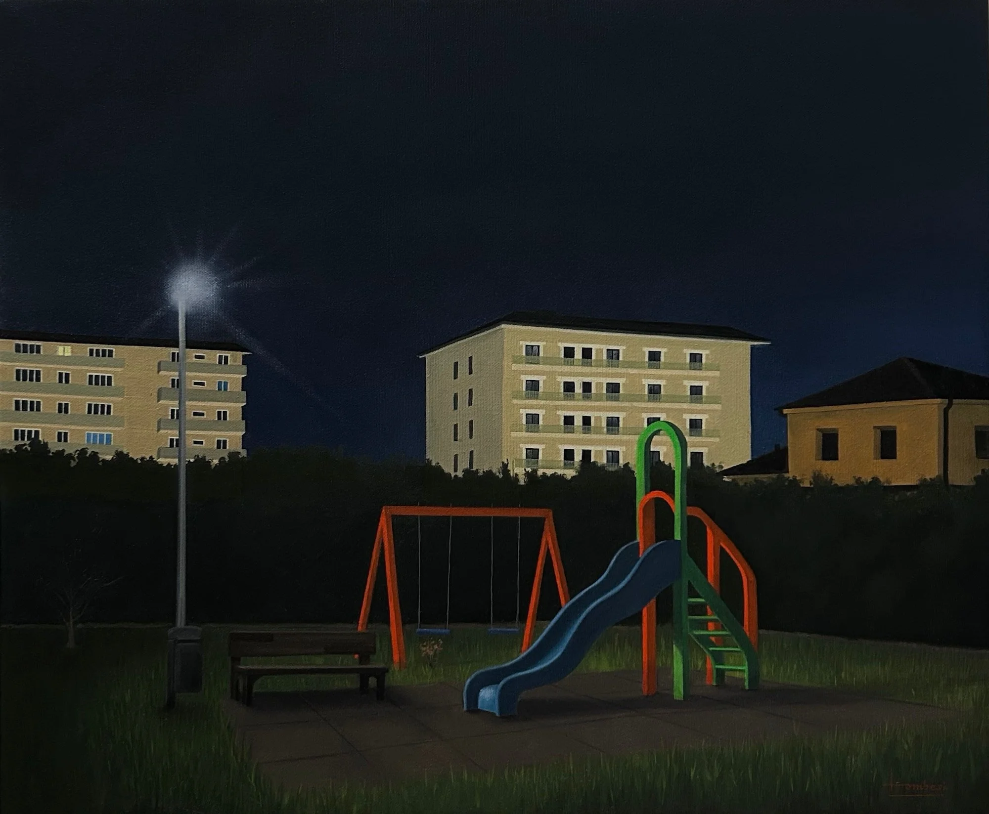 Oil painting of an empty playground at night under a bright streetlamp. In the background, illuminated apartment buildings stand against a dark sky, creating a lonely and cinematic atmosphere.