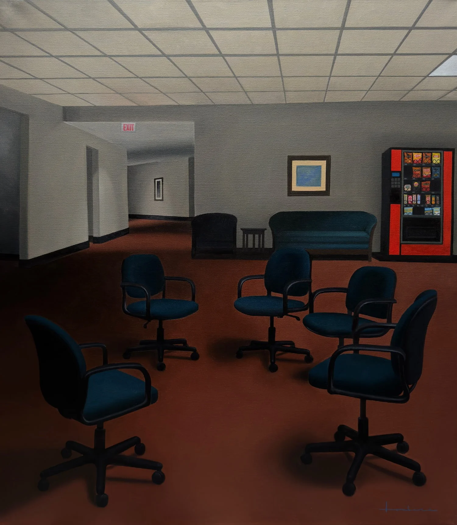 Oil painting of a mysterious waiting room with empty chairs, red carpet, and a vending machine.