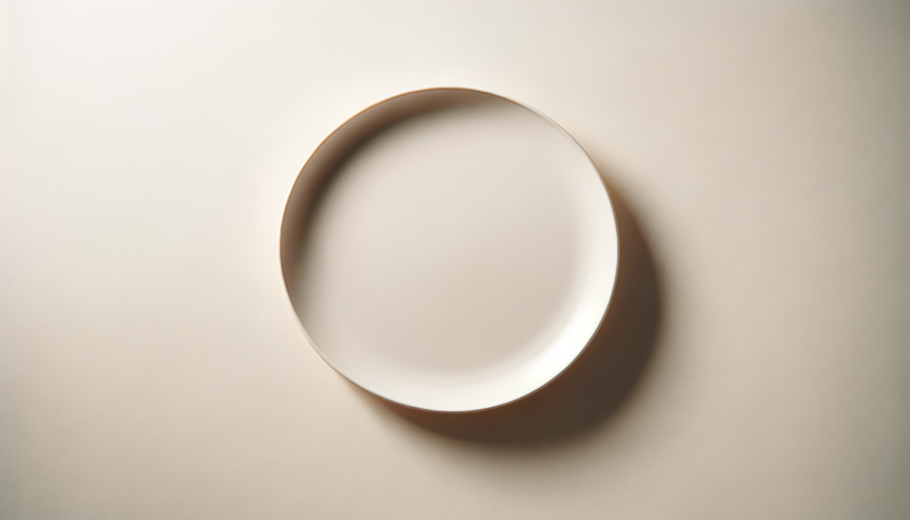 Empty round white plate on a beige surface with a shadow to the right.