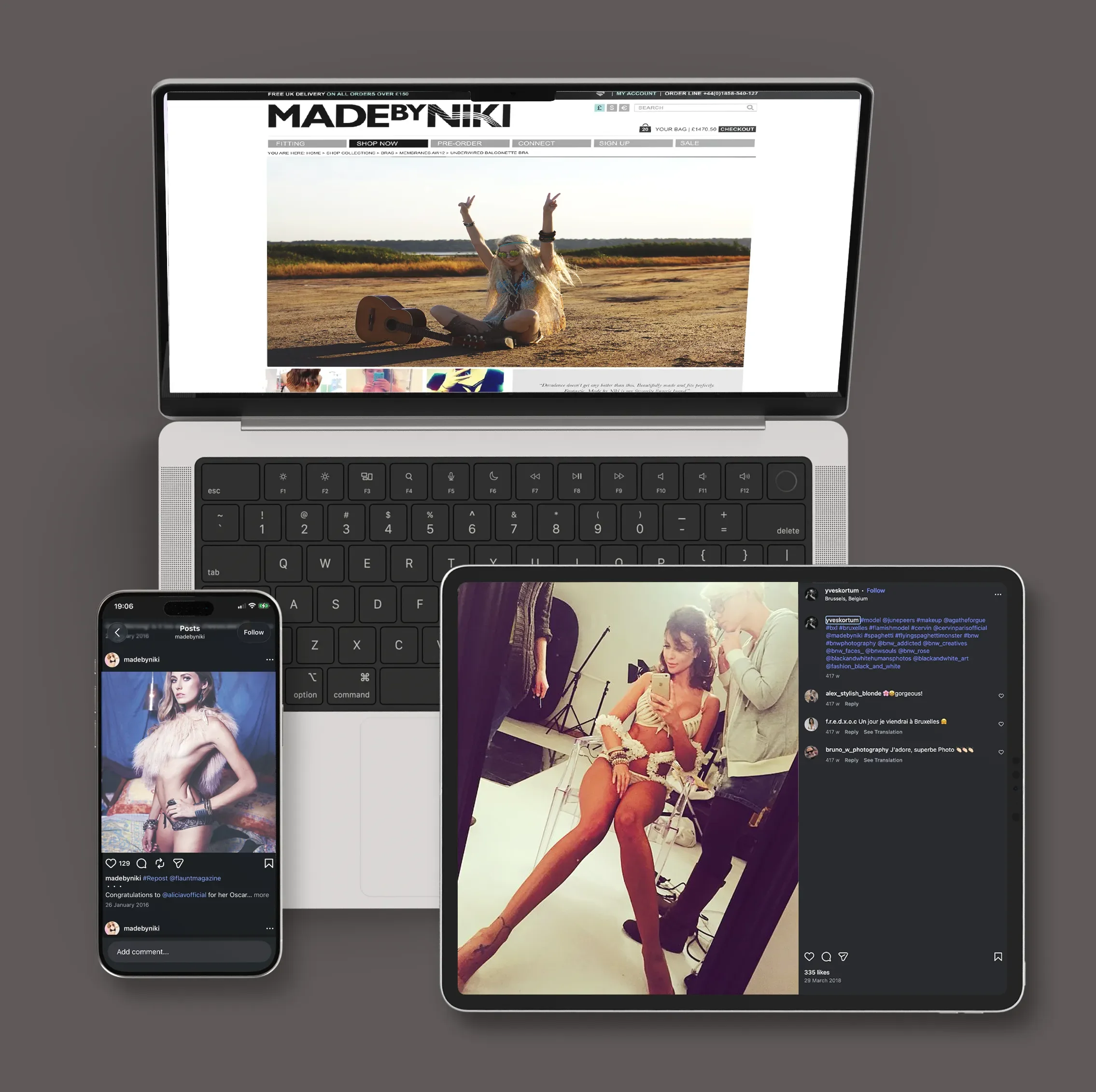 Digital content mockup from the Almost Famous consumer campaign across web and social