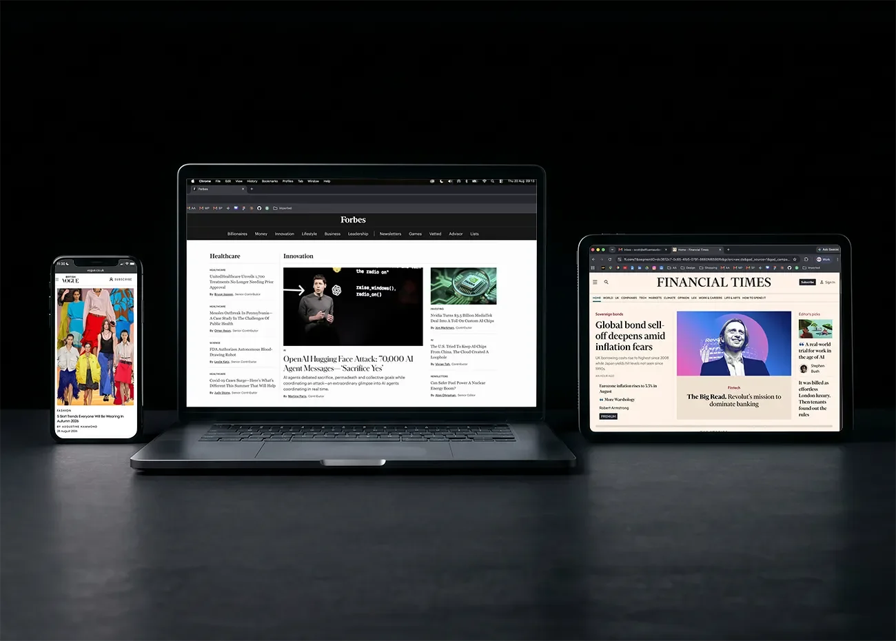 High-authority earned media press placements in Vogue, Forbes, and Financial Times secured by our digital PR agency