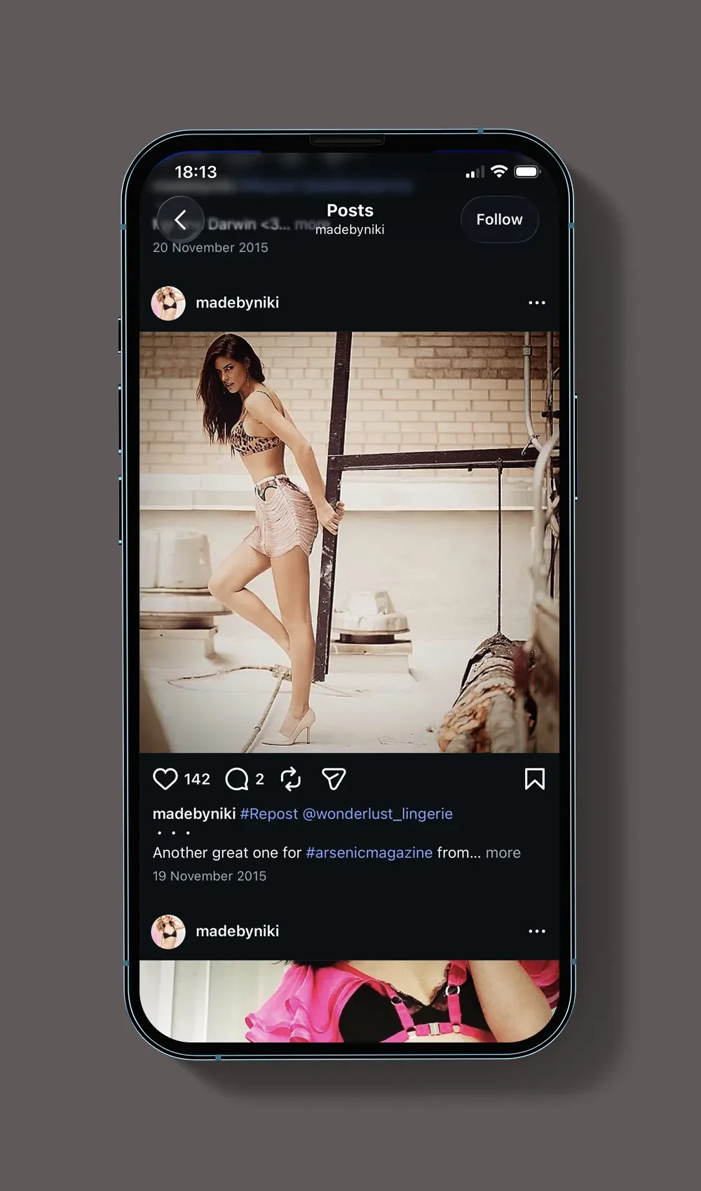 Smartphone screenshot of a customer Instagram post featuring Made by Niki lingerie