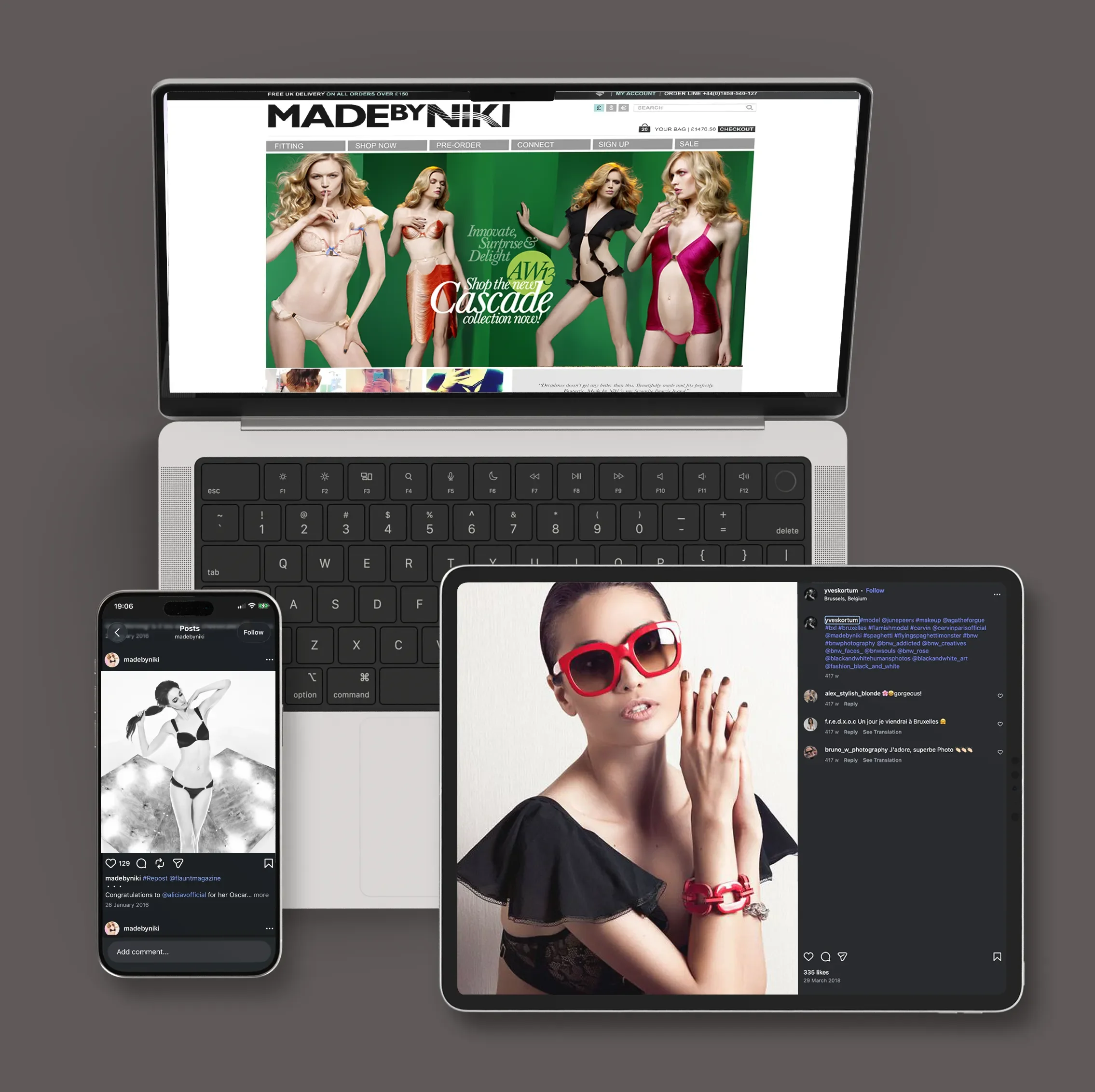Cascade social media content shown across devices, part of the integrated fashion marketing rollout